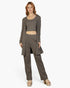 Beach Rose Co. grey 3-piece loungewear set with ribbed cami, straight-leg pants, and long cardigan on a model