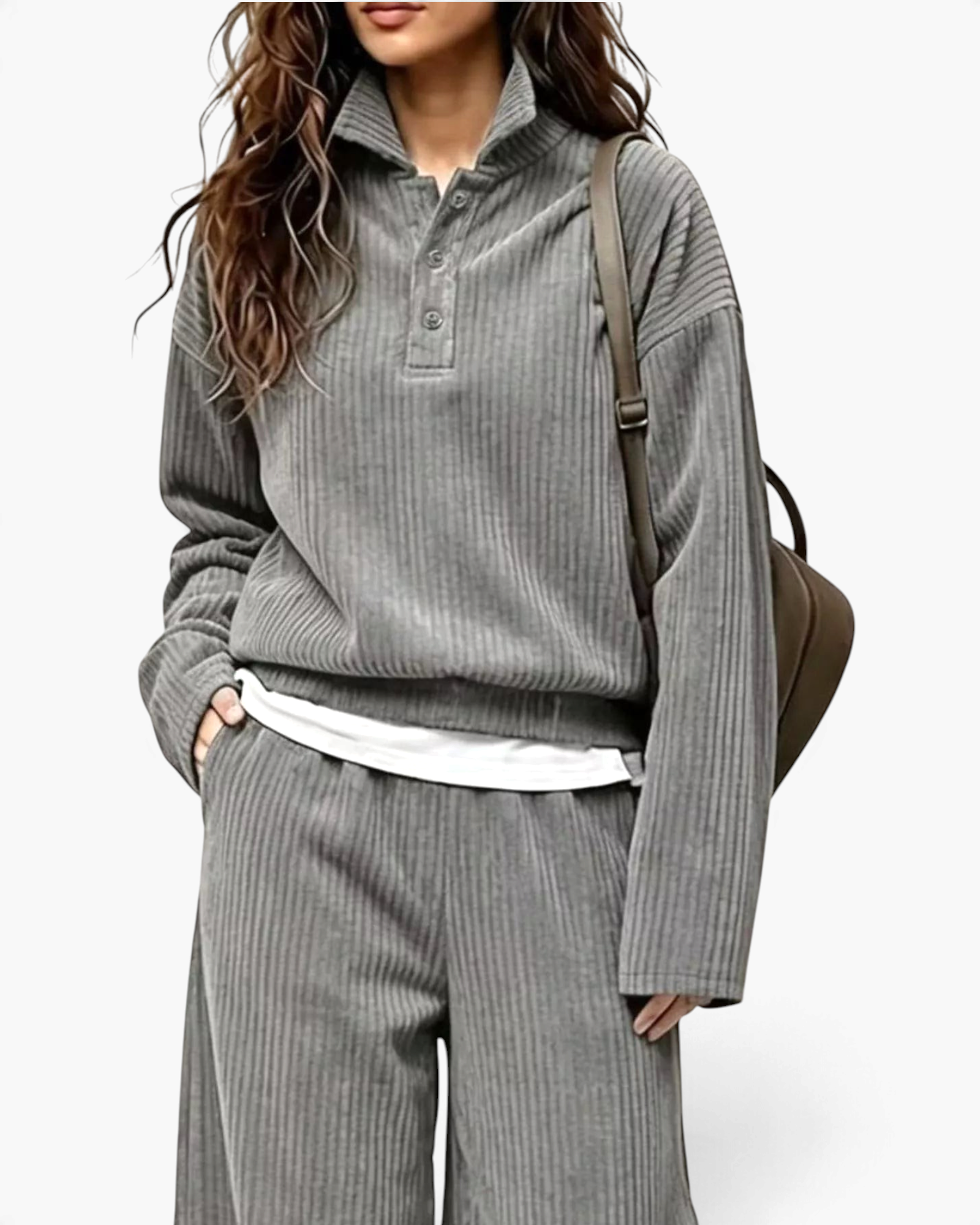 Beach Rose Co. grey ribbed two-piece set with a collared button-placket top and wide leg pants on a model.