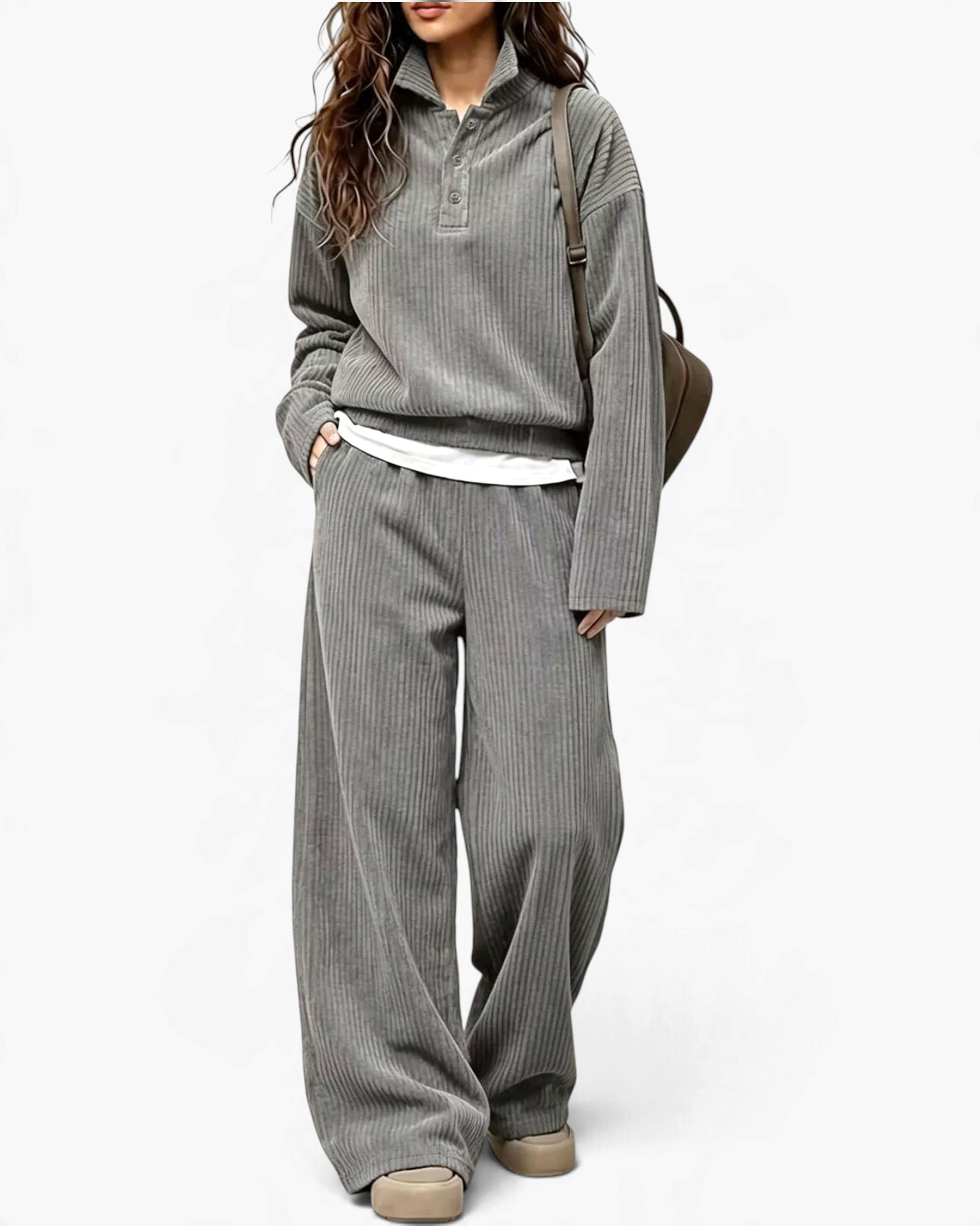 Beach Rose Co. grey ribbed two-piece set with a collared button-placket top and wide leg pants on a model.