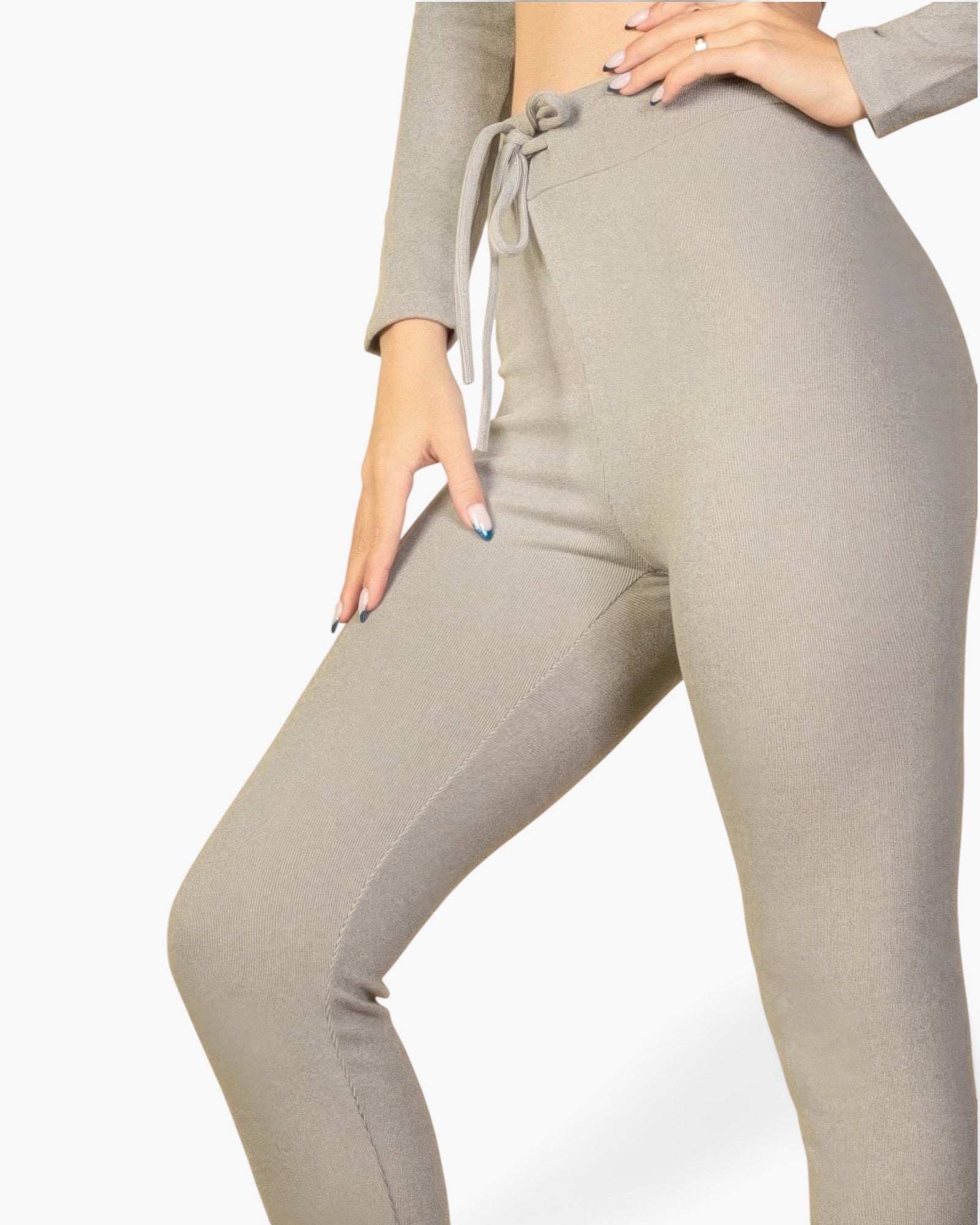 Beach Rose Co. grey ribbed lounge leggings with an adjustable tie-front drawstring waistband and stretch fit.
