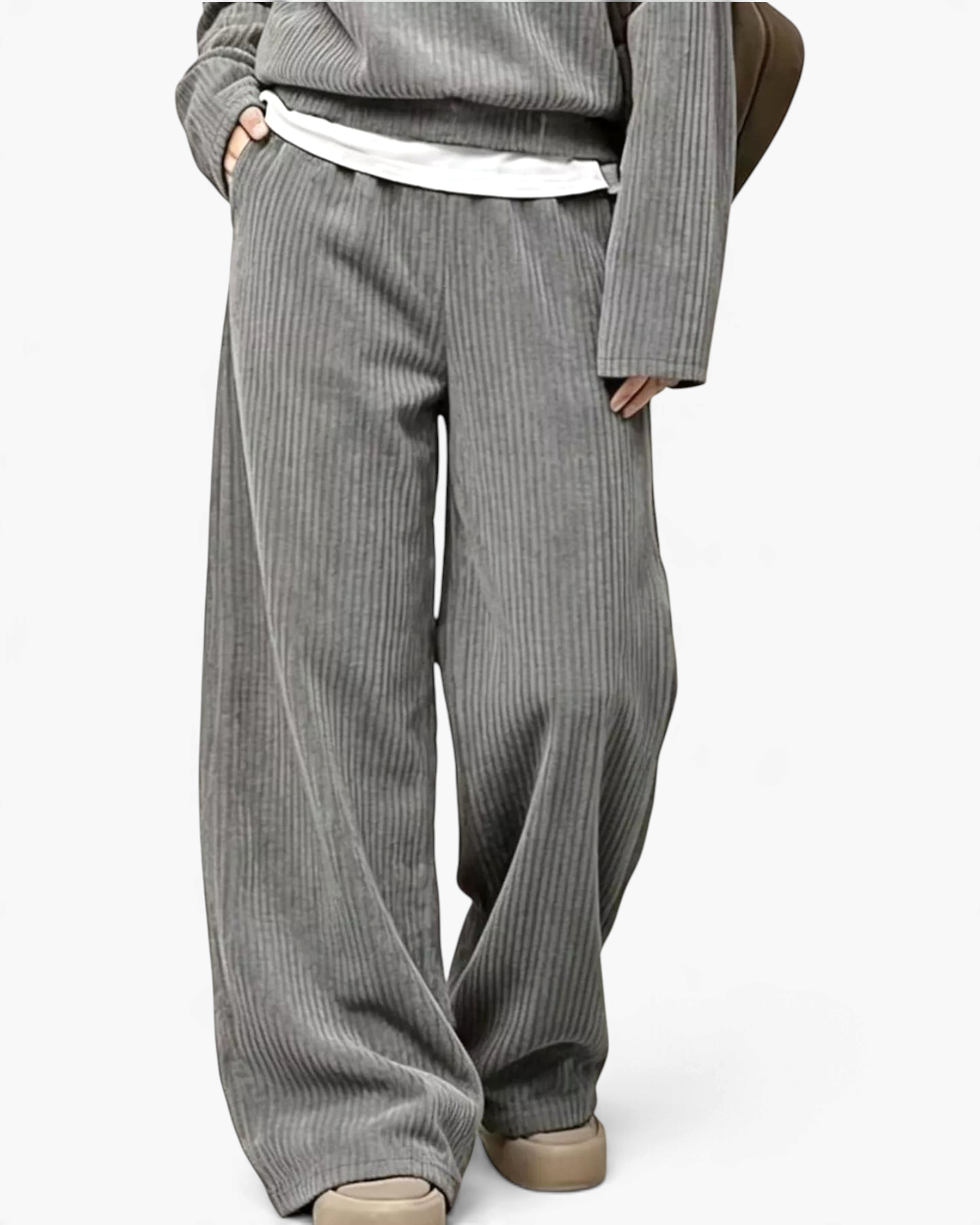 Beach Rose Co. grey ribbed two-piece set featuring a long-sleeve top and wide-leg pants with a relaxed fit.