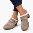 Beach Rose Co. grey suede clogs with fluffy trim, oversized buckle, contrast stitching, and chunky block heel.