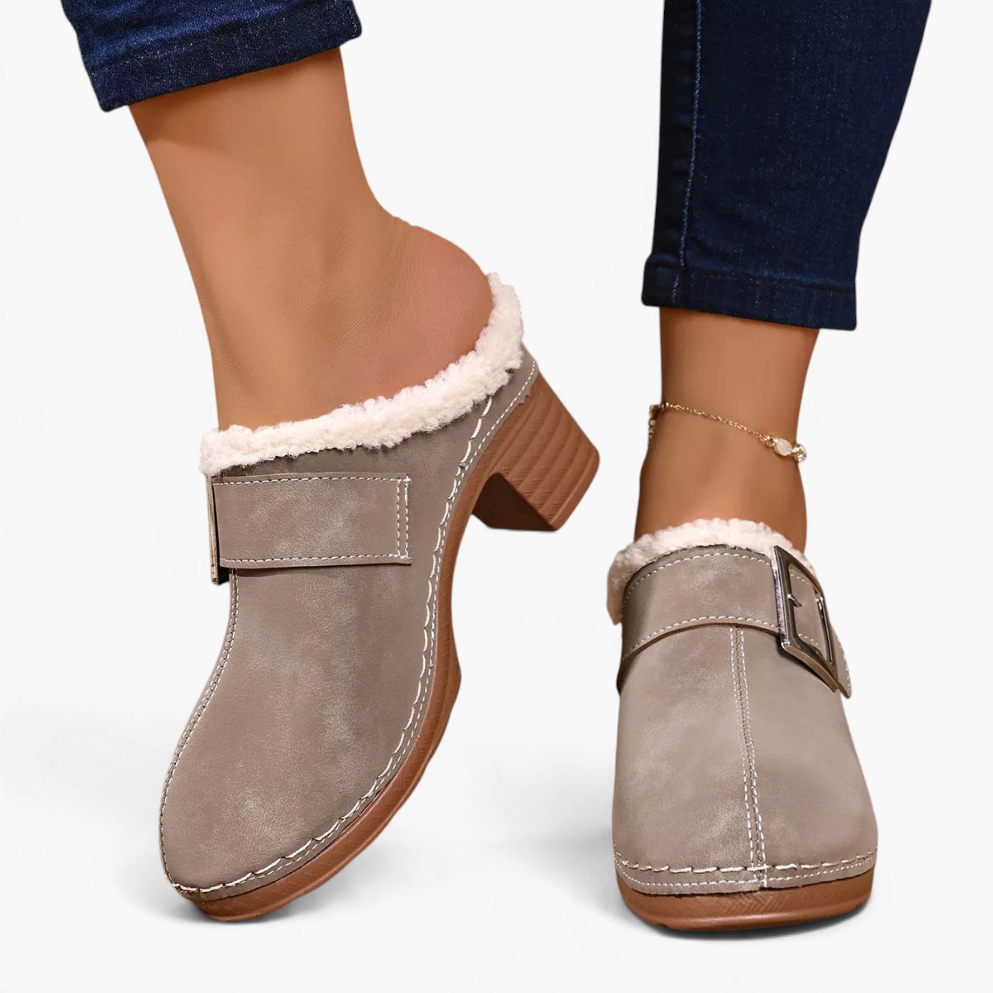 Beach Rose Co. grey suede clogs with fluffy trim, oversized buckle, contrast stitching, and a chunky block heel.