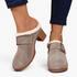 Beach Rose Co. grey suede clogs with fluffy trim, oversized buckle, contrast stitching, and a chunky block heel.