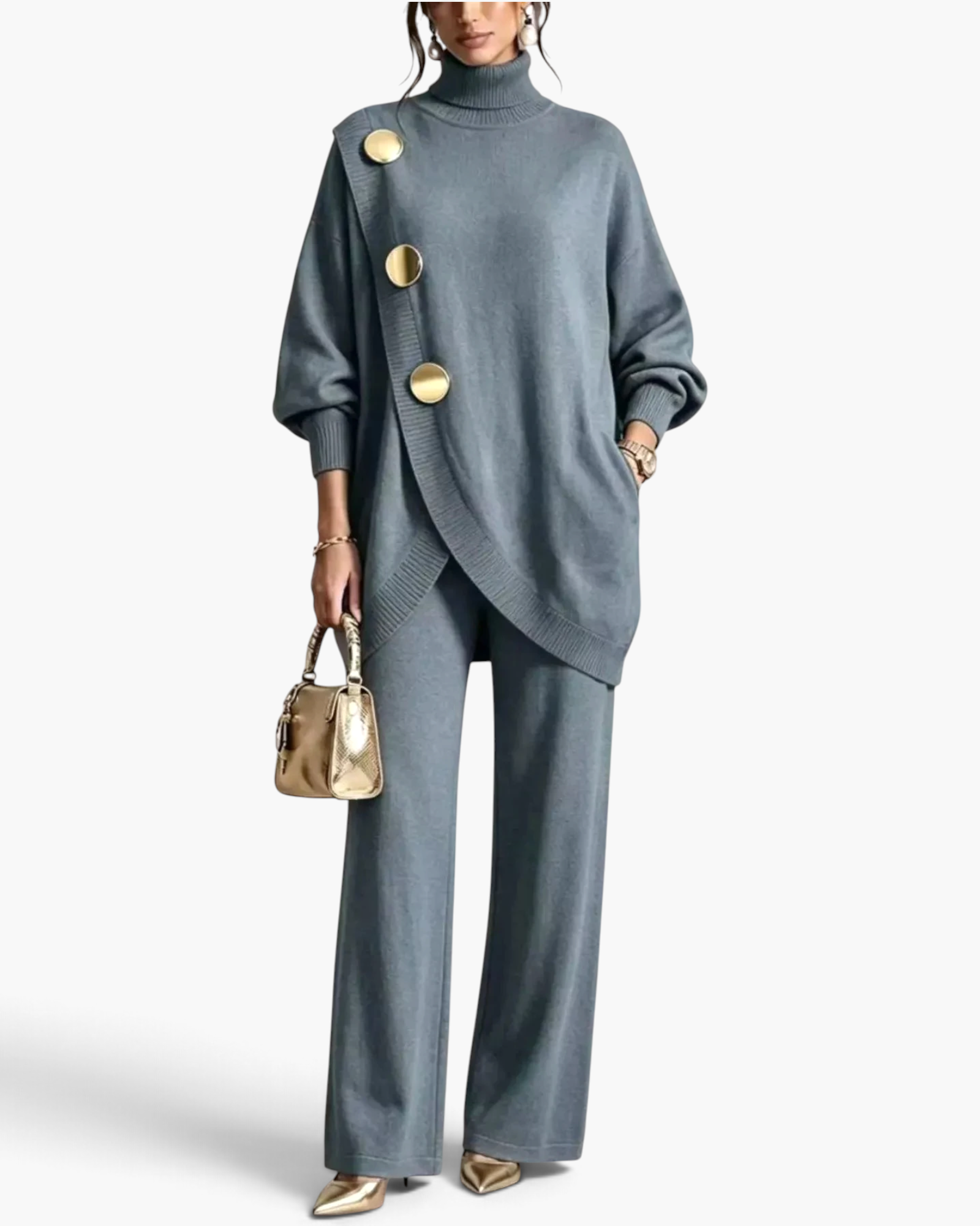 Beach Rose Co. grey turtleneck tunic and wide-leg pants set with oversized gold buttons and ribbed trim.