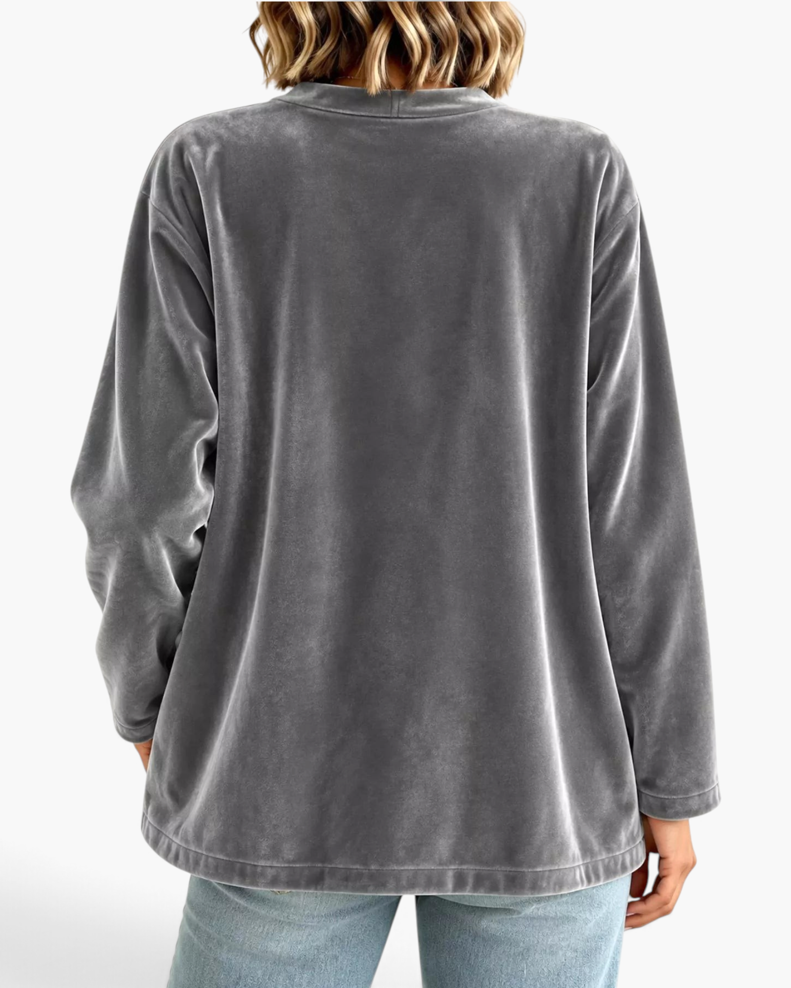 Beach Rose Co. grey velour cardigan with a relaxed fit and long sleeves, shown from the back on a model.
