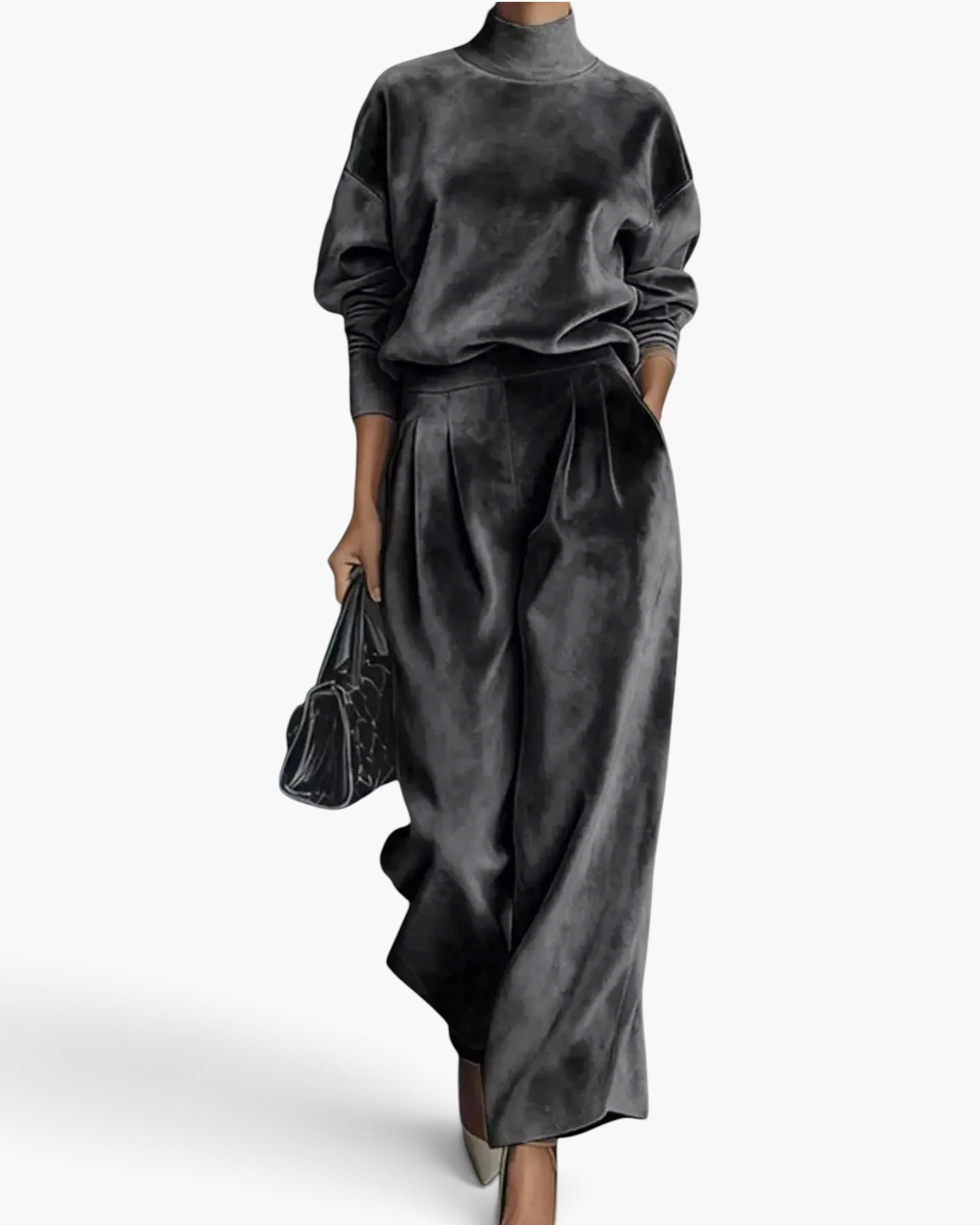 Beach Rose Co. grey velvet two-piece set with a mock neck top and pleated wide leg pants on a model.