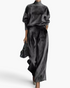 Beach Rose Co. grey velvet two-piece set with a mock neck top and pleated wide leg pants on a model.