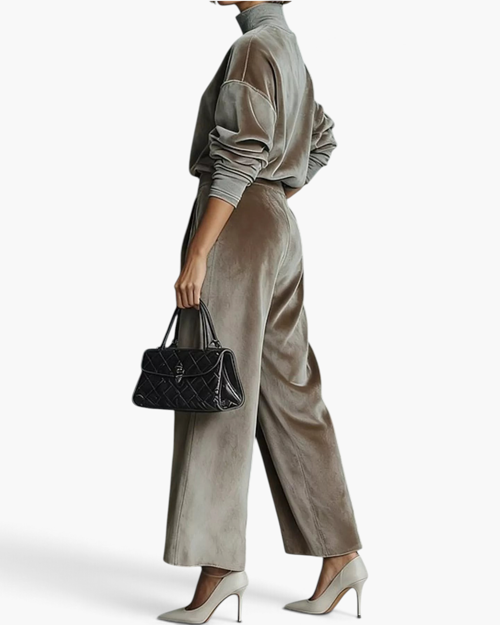 Beach Rose Co. grey velvet matching set with a mock neck top and pleated wide leg pants, styled with heels and a bag.