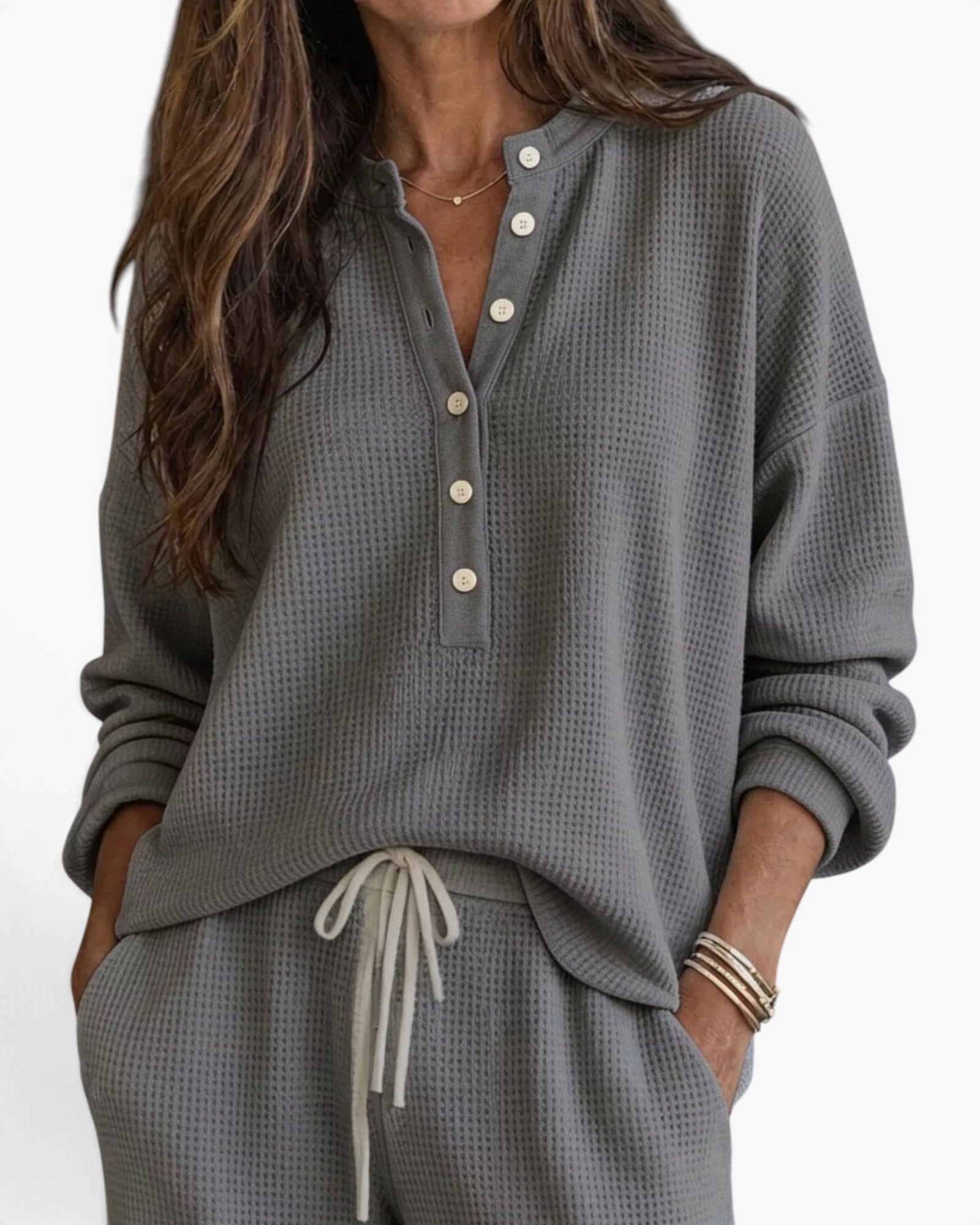 Beach Rose Co. grey waffle knit two-piece lounge set featuring a button-down top and drawstring pants.