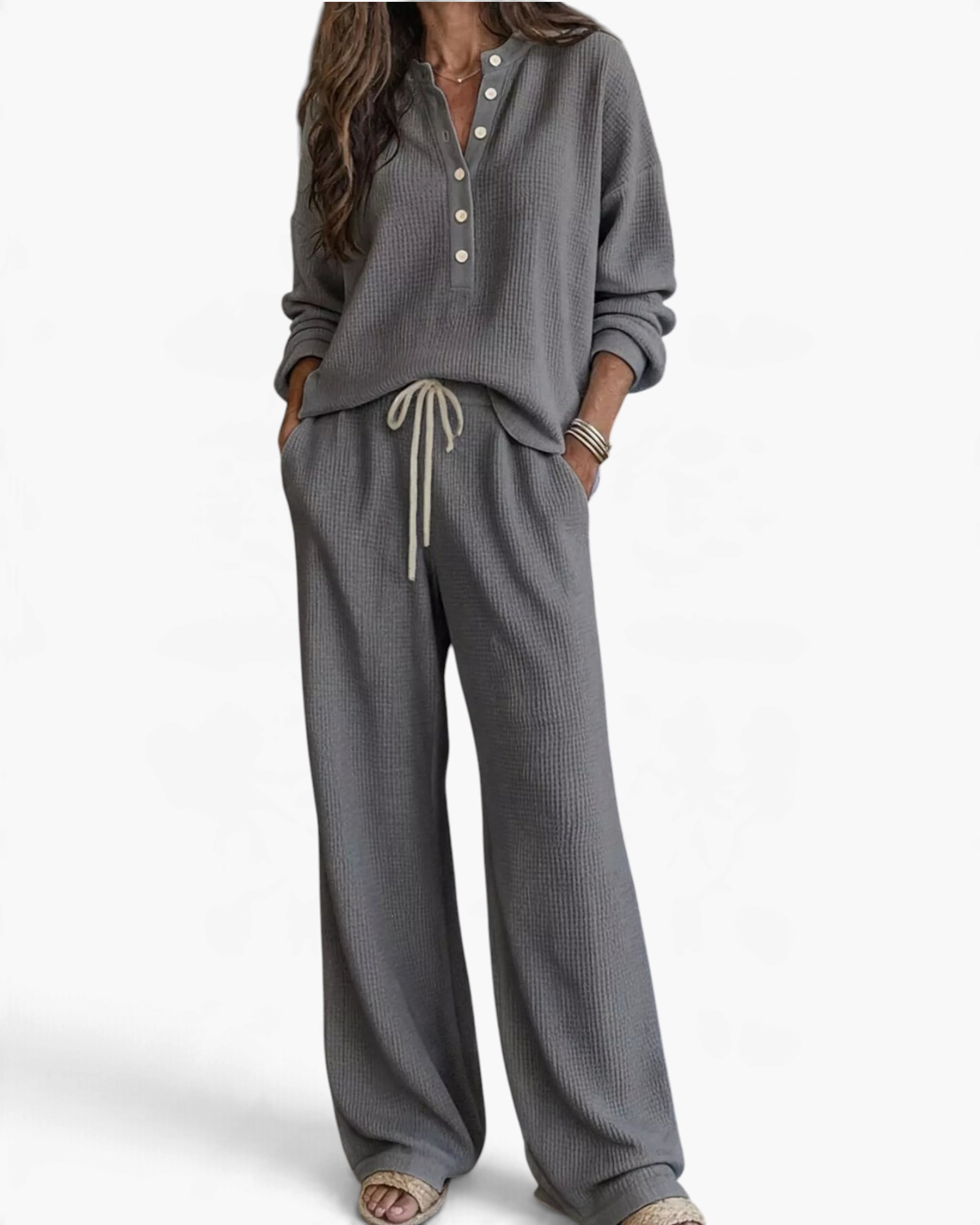 Beach Rose Co. grey waffle knit two-piece lounge set with button-up top and drawstring pants