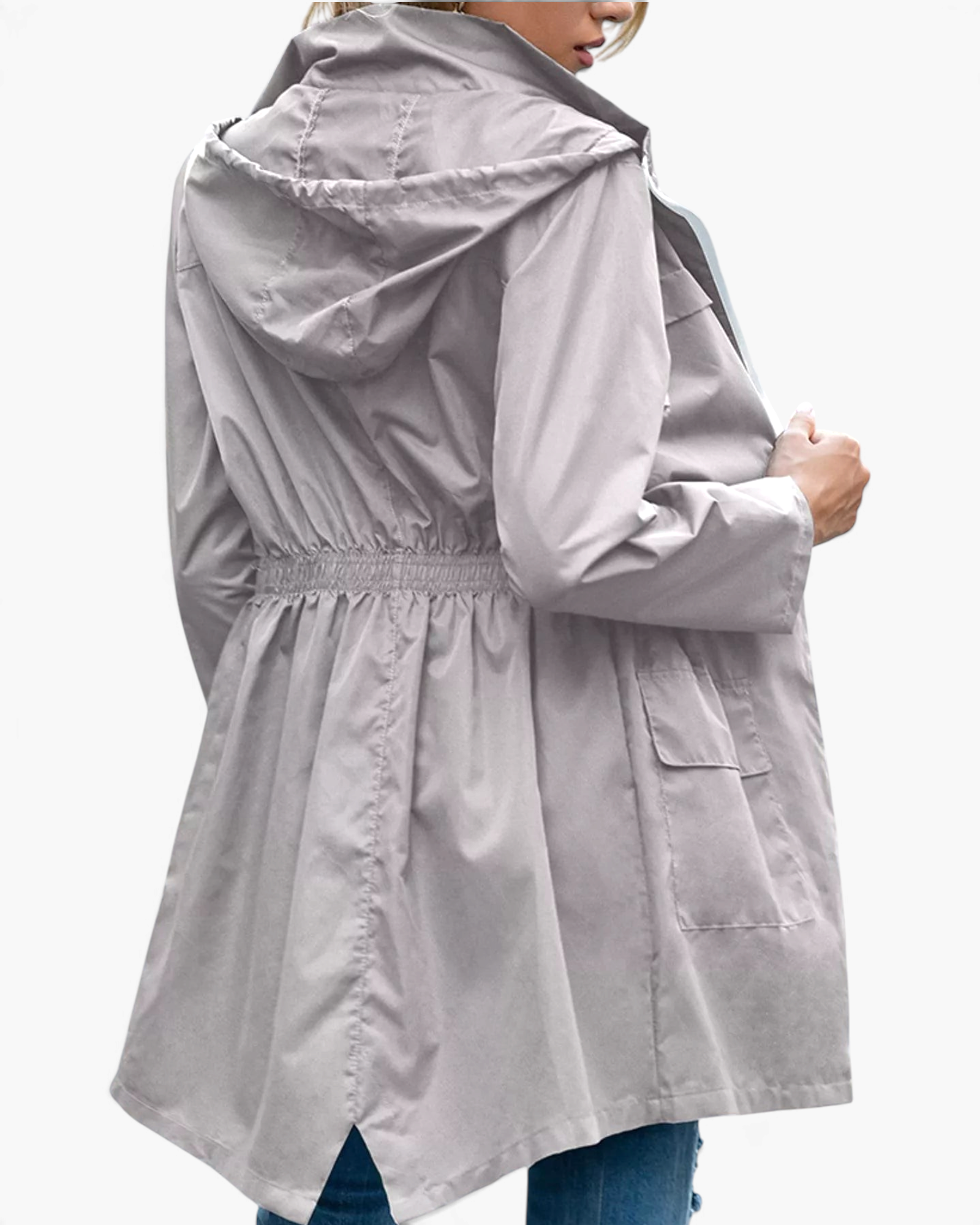 Beach Rose Co. grey waterproof hooded rain jacket with a gathered waist, flap pockets, and a back vent.