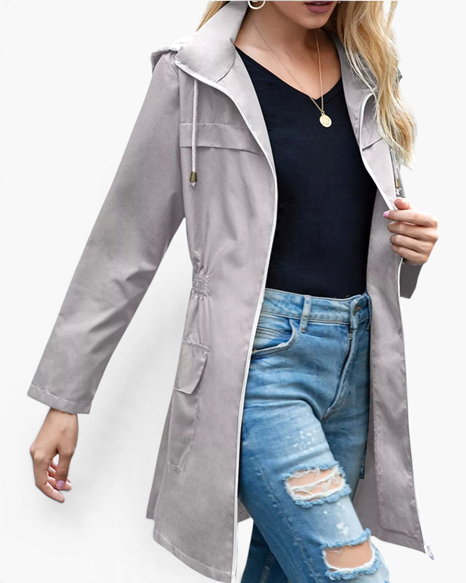 Beach Rose Co. grey waterproof hooded rain jacket with zip front, drawstring hood, and gathered waist on a model.