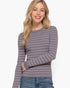 Beach Rose Co. grey and white striped long sleeve crew neck sweater worn by a smiling blonde woman.