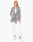 Beach Rose Co. grey cable knit open wool cardigan with belt string and front pockets worn by a blonde model