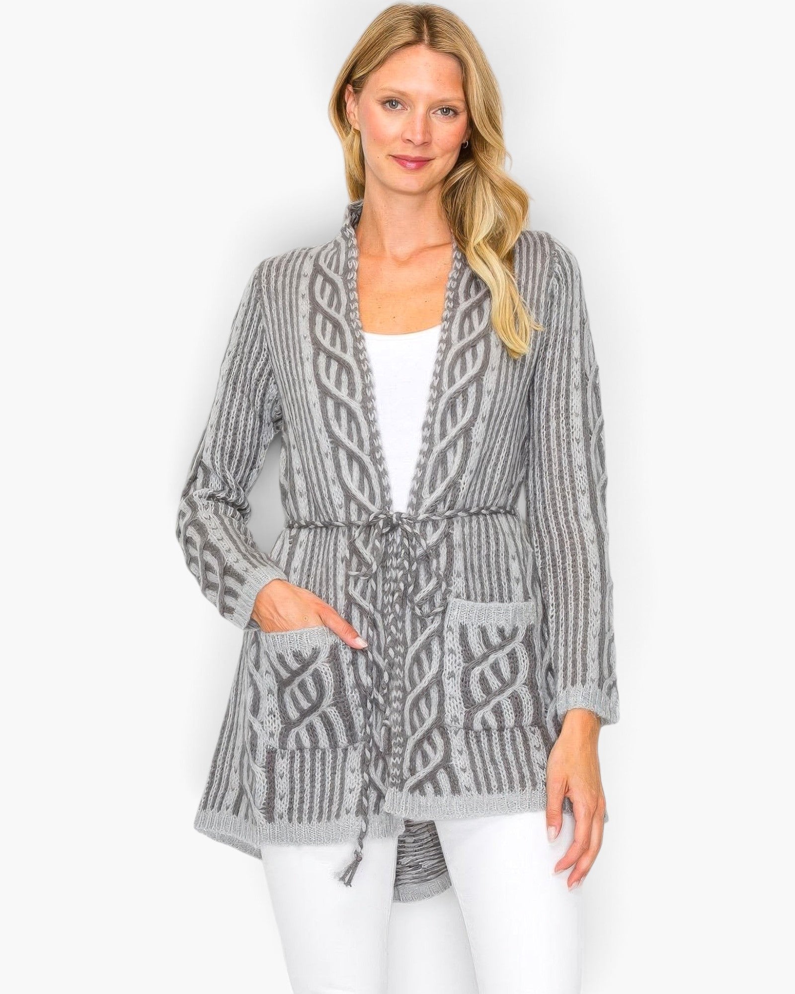 Beach Rose Co. grey open-front wool blend cardigan with cable knit details, waist tie, and front pockets on a model.