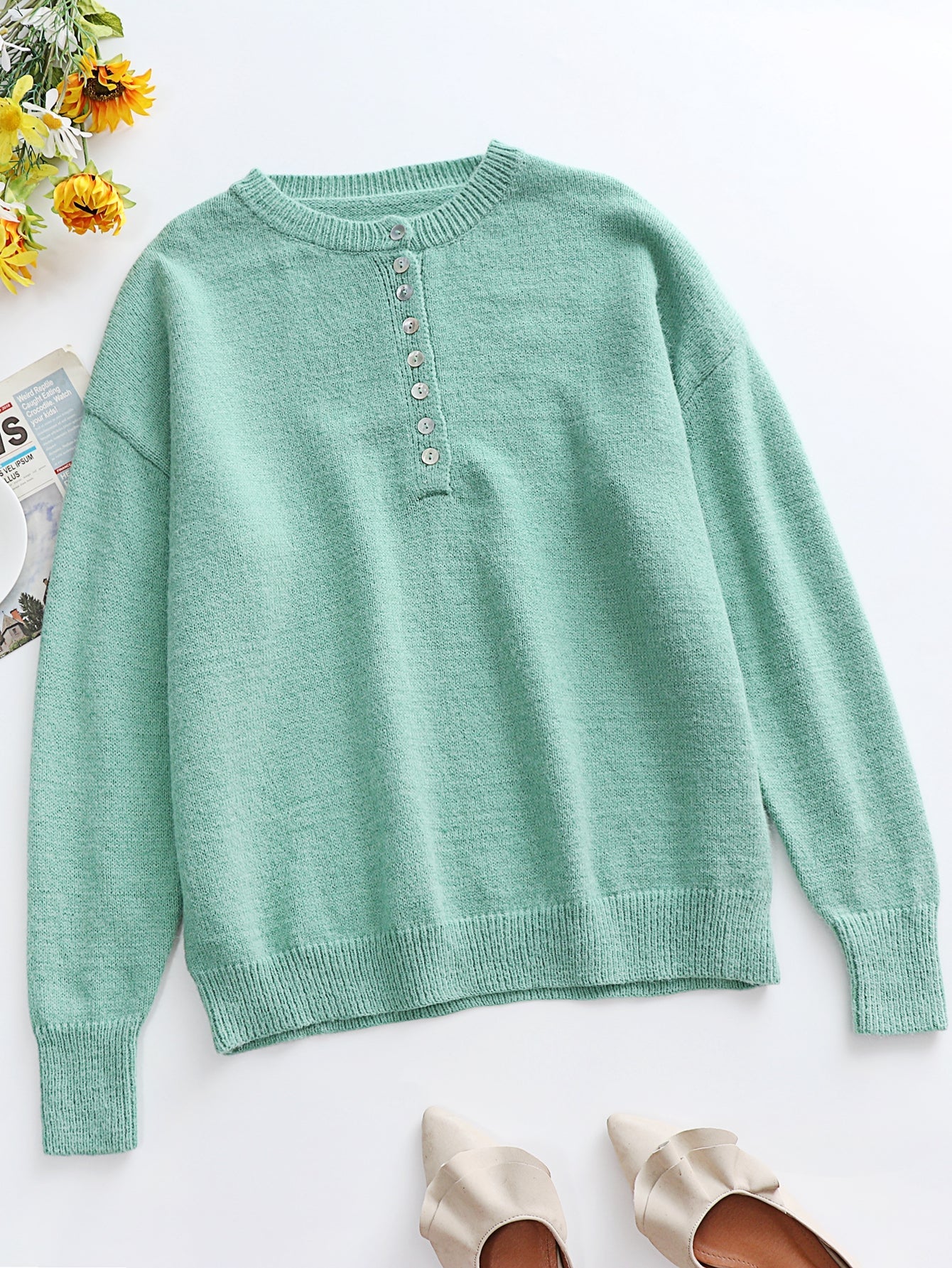 Beach Rose Co. - Half Button Long Sleeve Henley Sweater