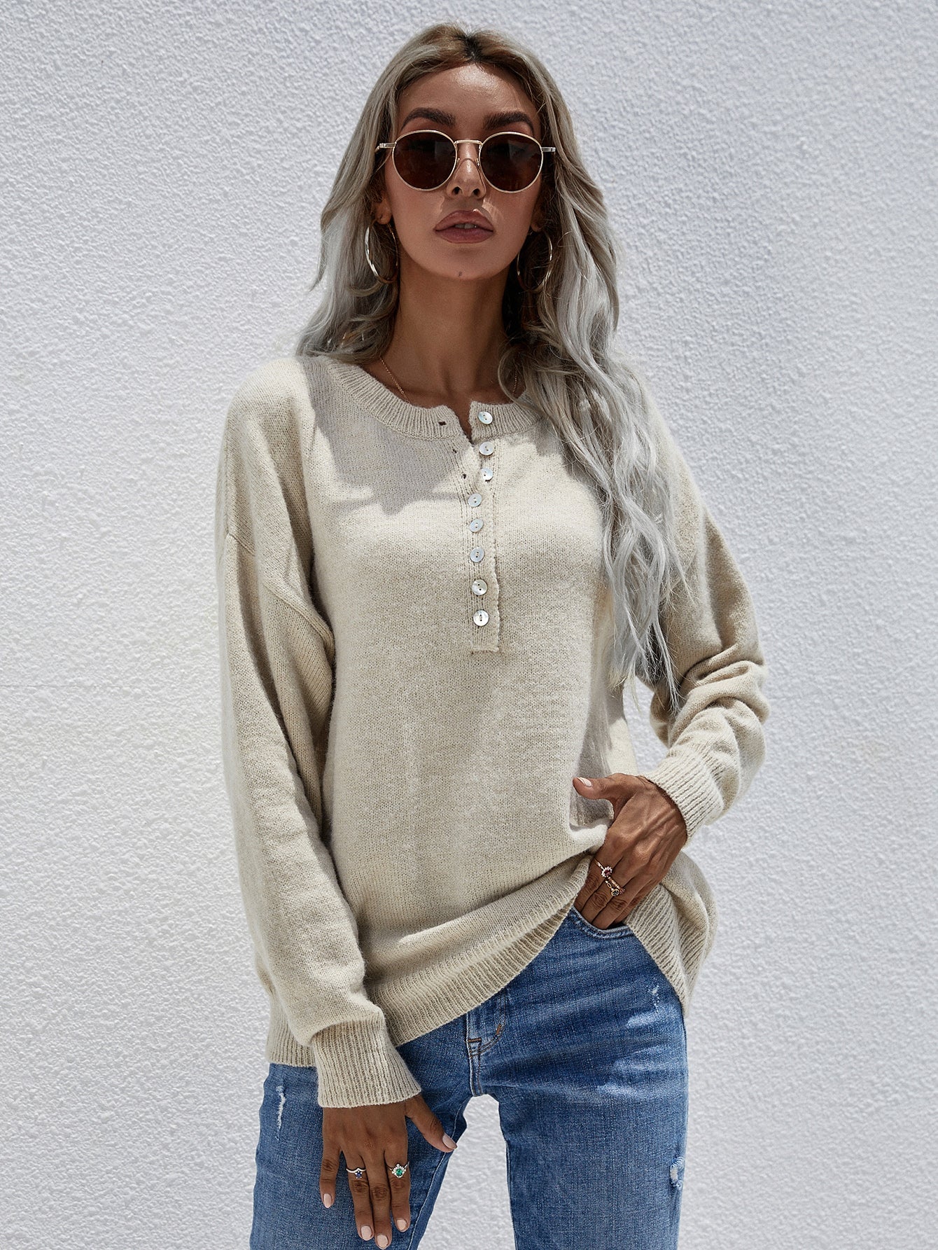 Beach Rose Co. - Half Button Long Sleeve Henley Sweater