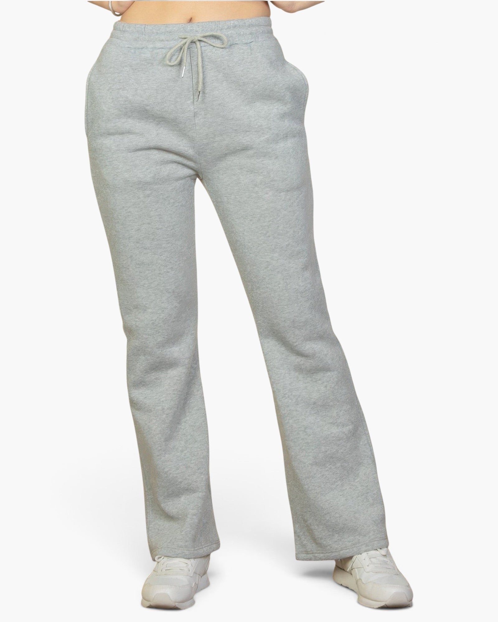 Beach Rose Co. heather gray bootcut sweatpants with a drawstring waist and slant pockets on a model