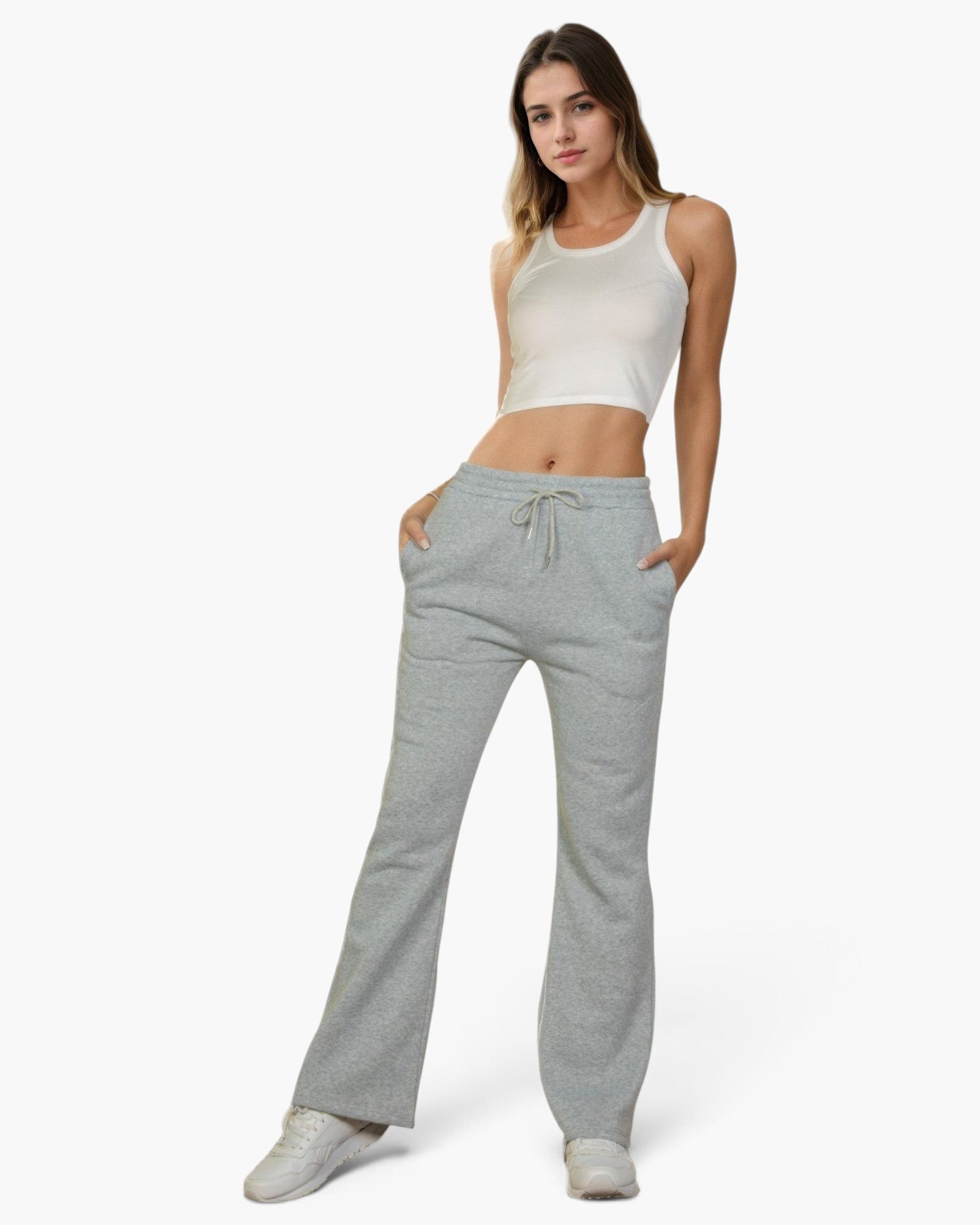 Beach Rose Co. heather gray bootcut sweatpants with a drawstring waist and slant pockets worn by a woman
