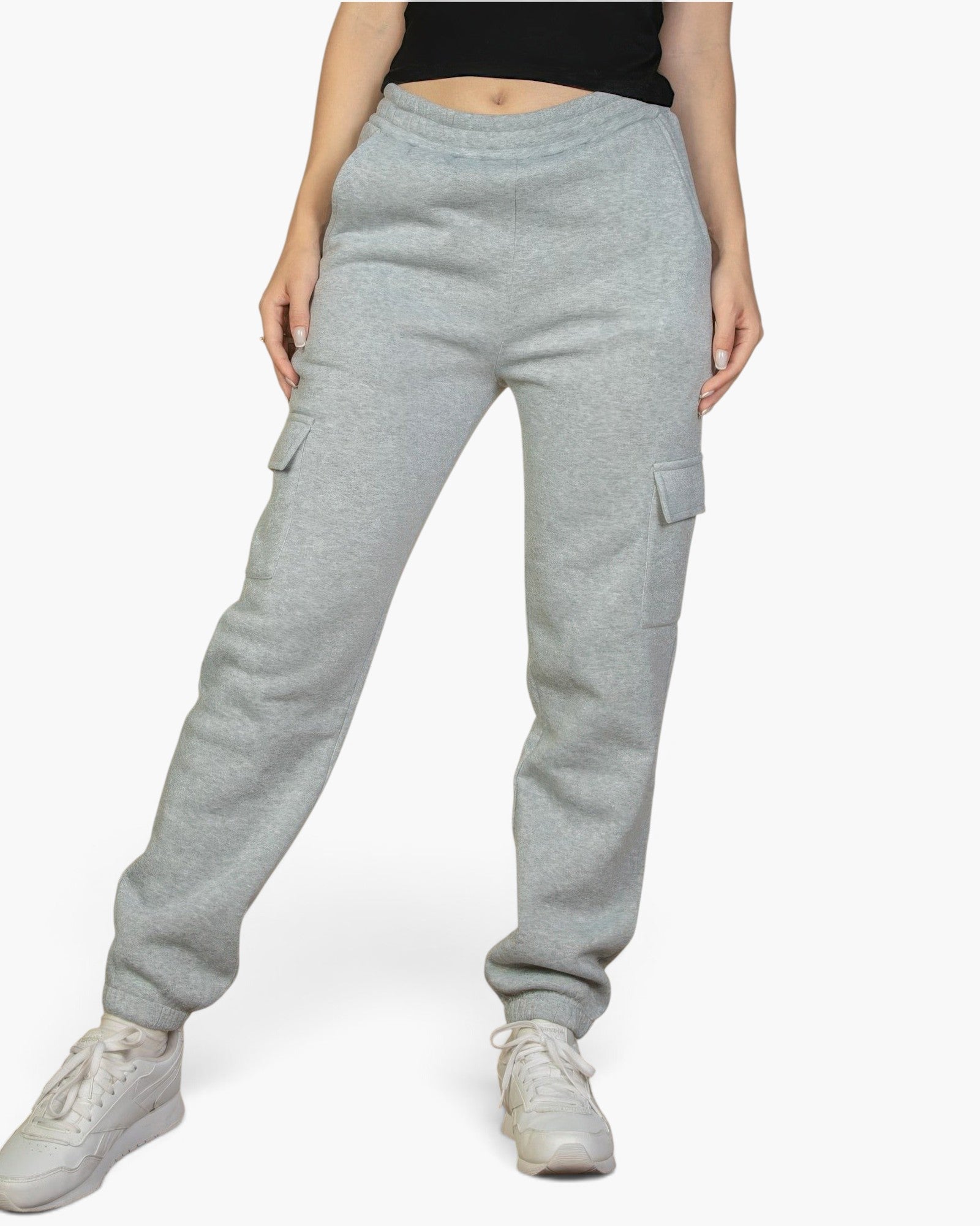 Beach Rose Co. heather gray sweatpants with side cargo pockets, drawstring waist, and cuffed ankles on a model