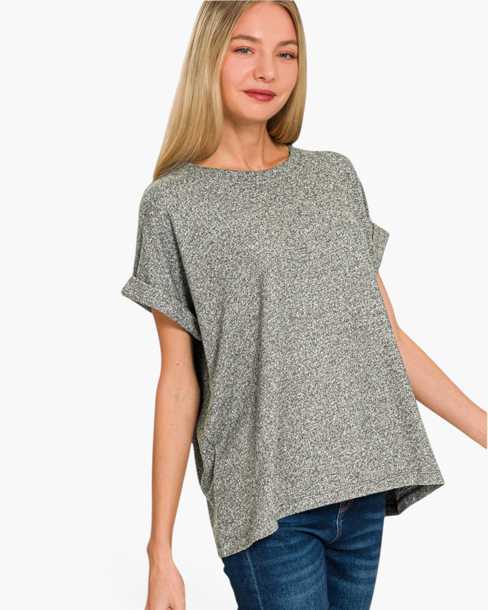 Beach Rose Co. heather gray relaxed top with cuffed short sleeves and a marled finish worn by a blonde model