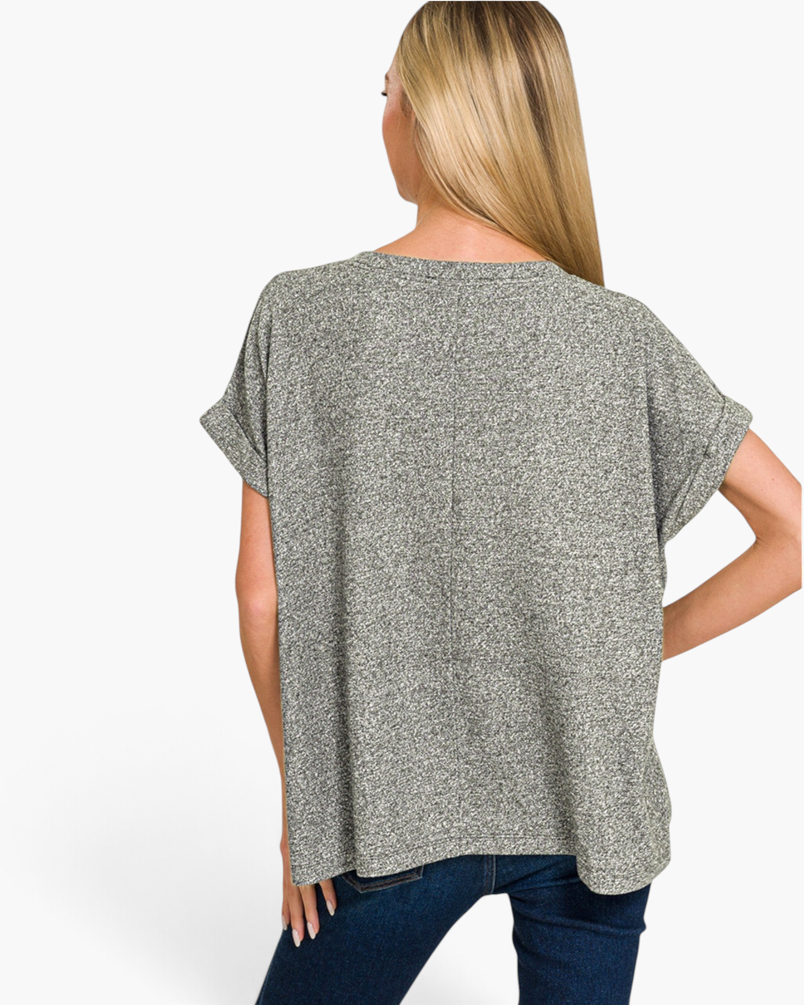 Beach Rose Co. heather gray marled relaxed top with cuffed short sleeves and center back seam, viewed from behind.