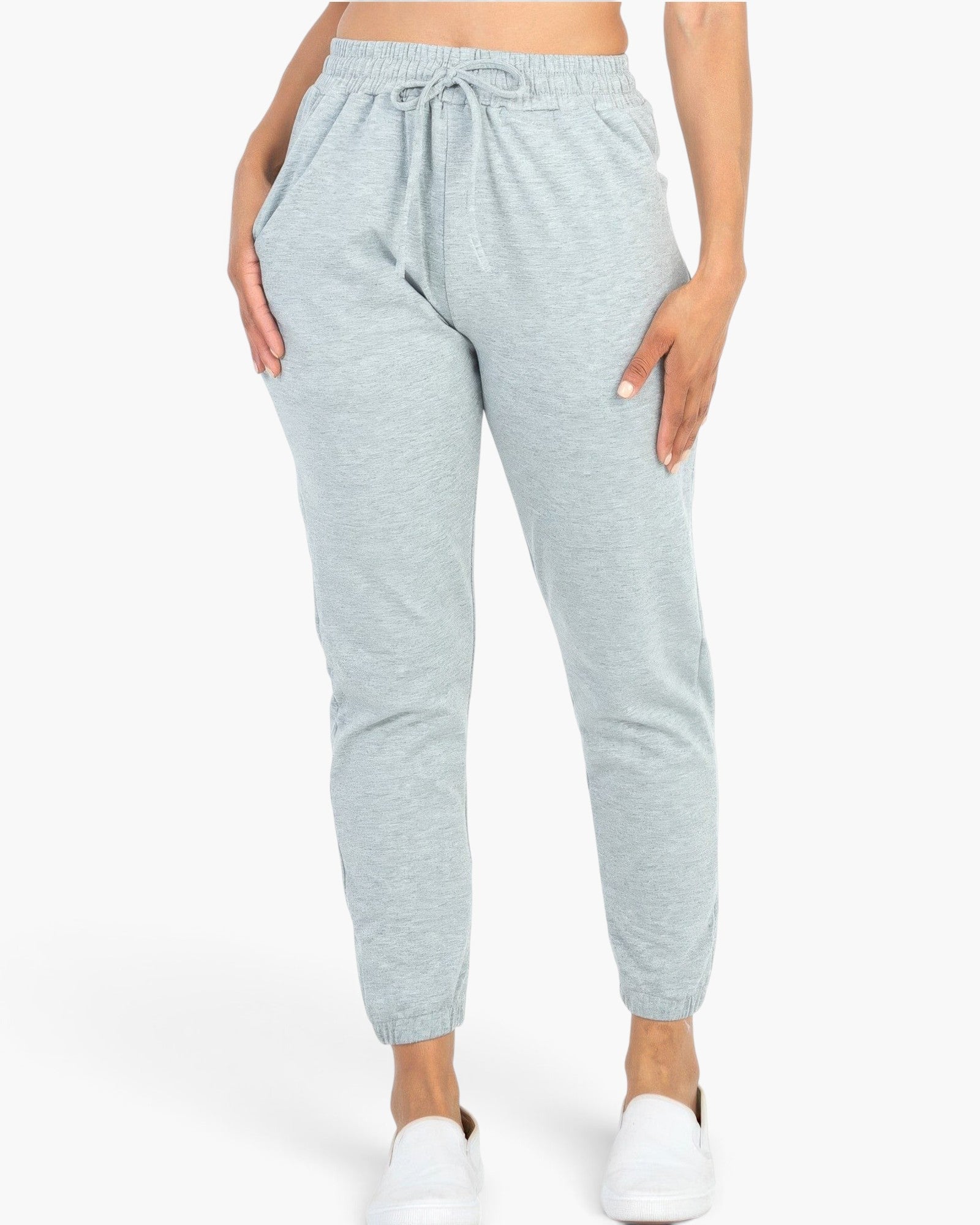 Beach Rose Co. heather gray French Terry jogger pants with an elastic waistband, drawstring, and tapered cuffs.