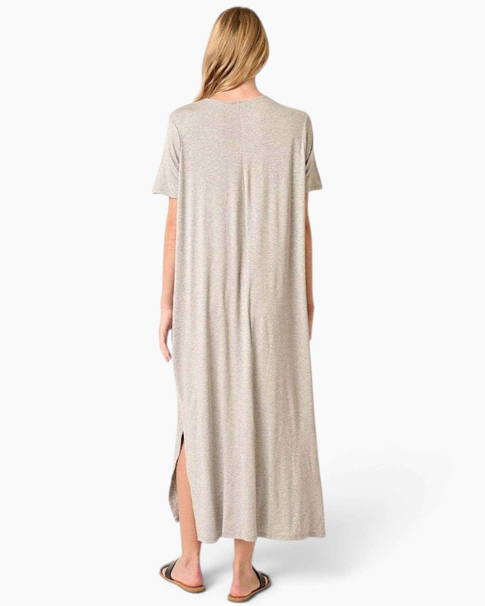 Beach Rose Co. heather gray maxi dress with short sleeves and side slits, viewed from the back on a model