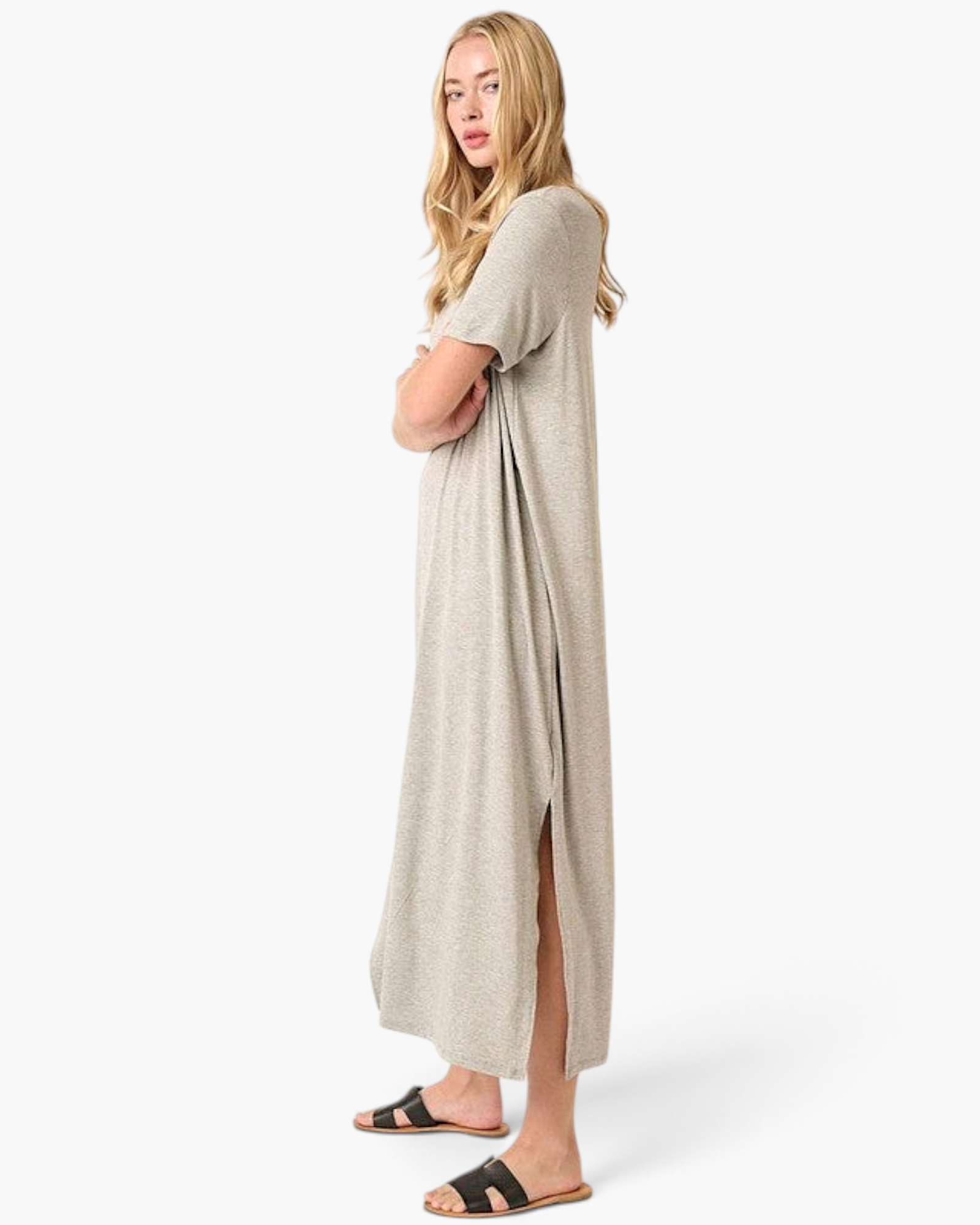 Beach Rose Co. heather gray maxi dress with short sleeves, side slits, and soft stretch fabric worn by a blonde model