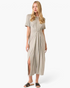 Beach Rose Co. heather gray maxi dress with short sleeves, round neck, and a gathered button-front detail.