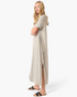 Beach Rose Co. heather gray maxi dress with short sleeves, side slits, and soft stretch fabric worn by a blonde model