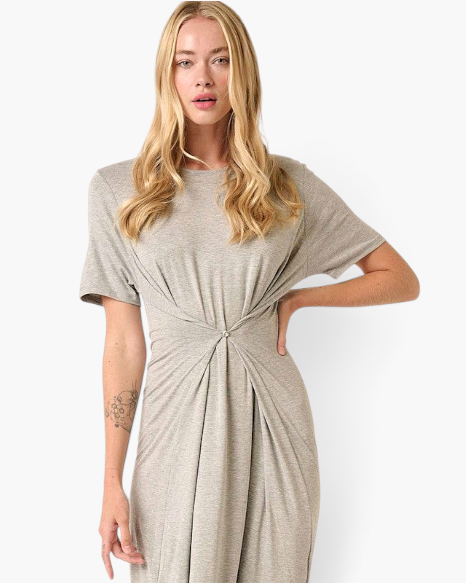 Beach Rose Co. heather gray maxi dress with short sleeves, round neck, and a convertible button-front gathered waist.