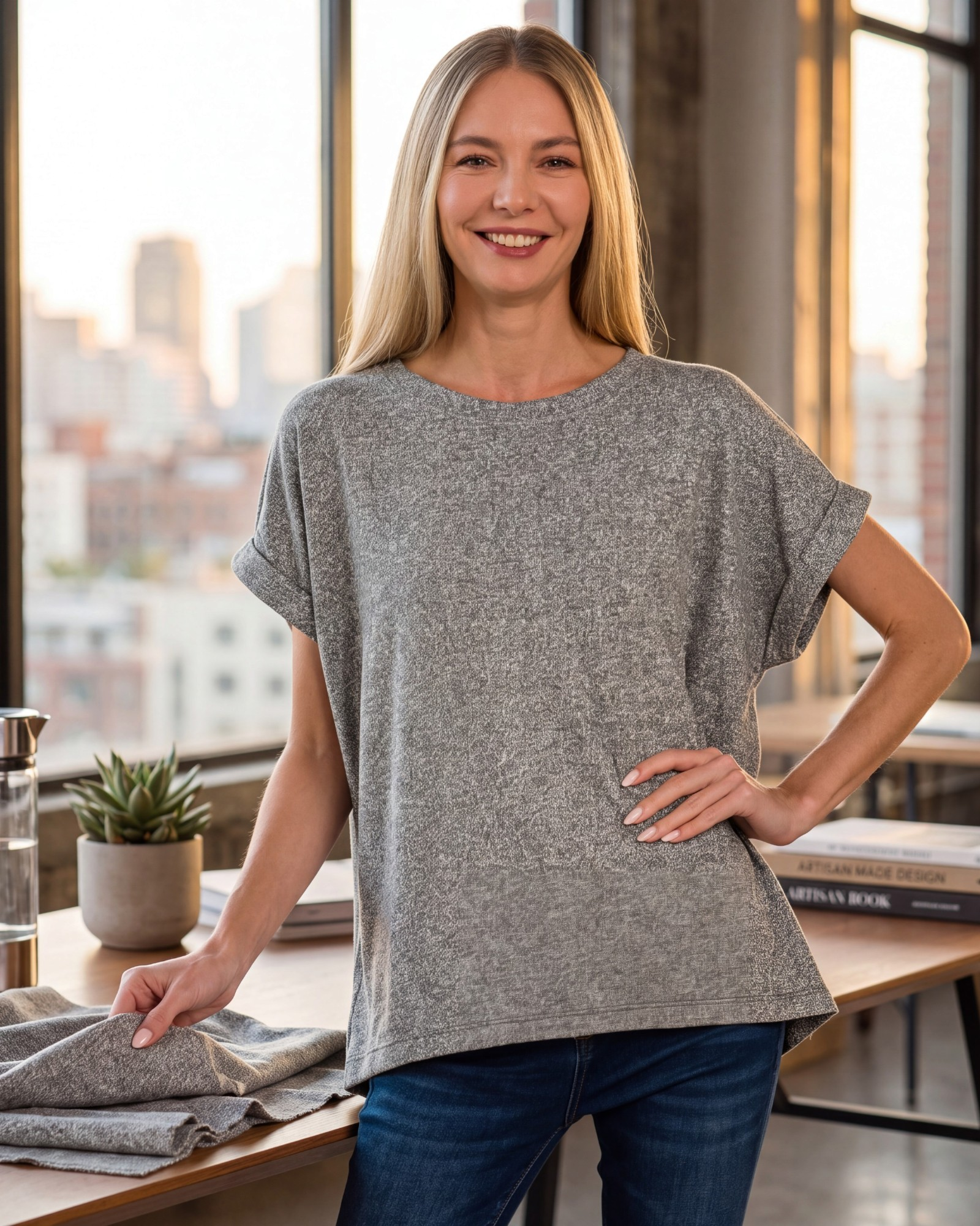 Beach Rose Co. heather gray relaxed top with cuffed short sleeves and round neckline worn by a smiling blonde woman.
