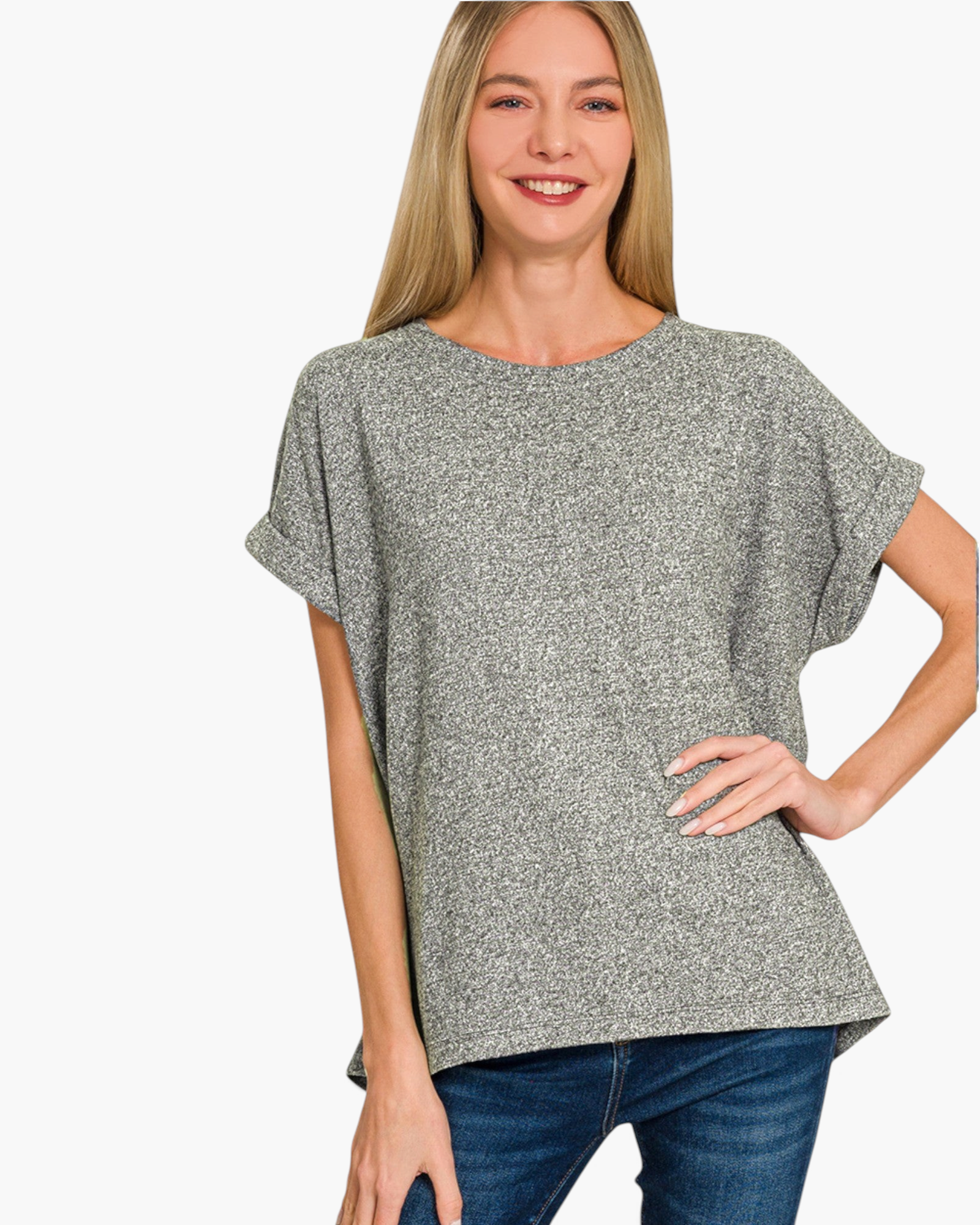 Beach Rose Co. heather gray relaxed top with cuffed short dolman sleeves and a round neckline on a smiling model.
