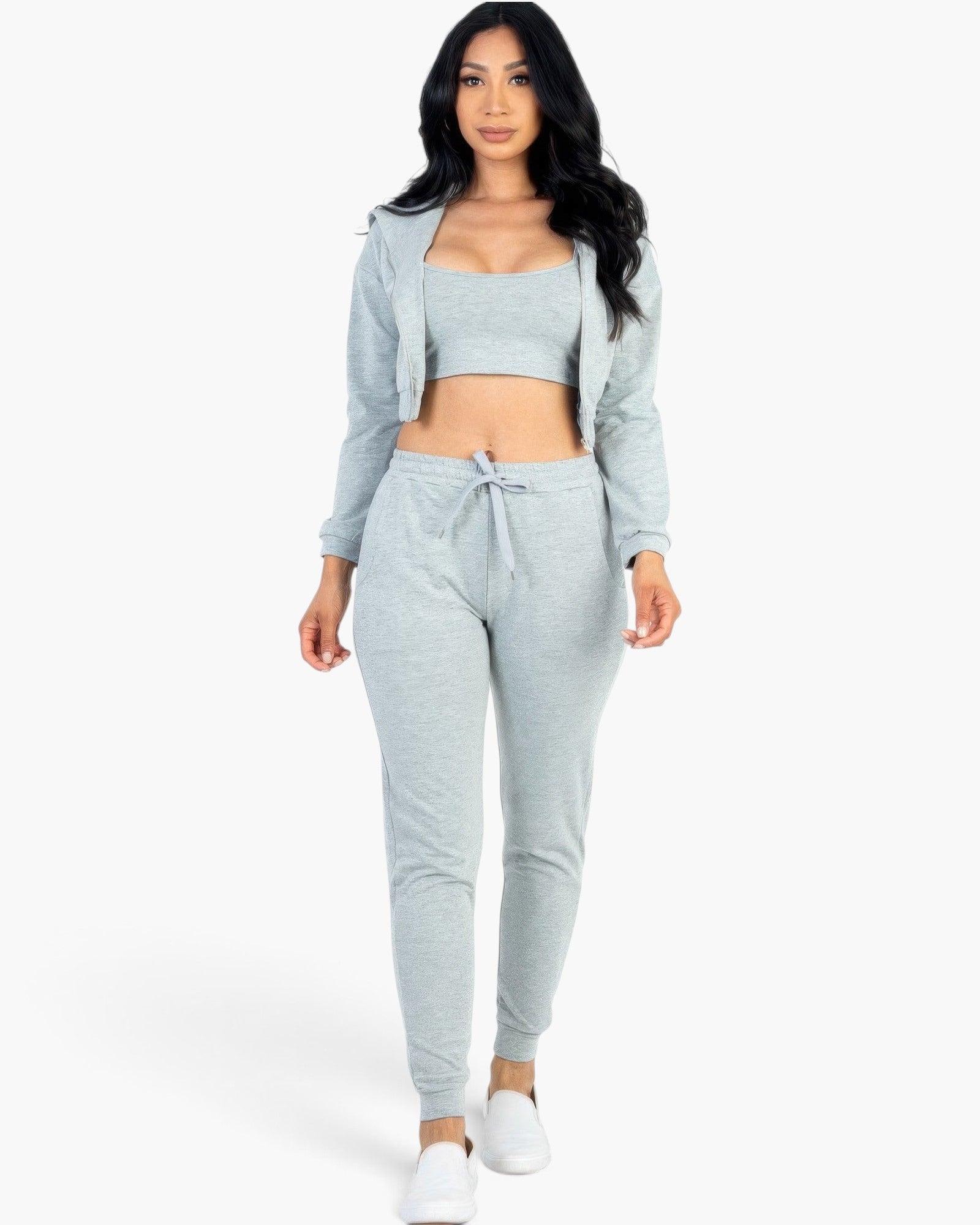 Beach Rose Co. heather grey French terry three-piece lounge set with cropped cami, zip-up jacket, and joggers.