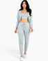Beach Rose Co. heather grey French terry three-piece lounge set with cropped cami, zip-up jacket, and joggers.