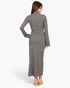 Beach Rose Co. heather grey mock neck crop top and maxi skirt set with bell sleeves, back view on a model