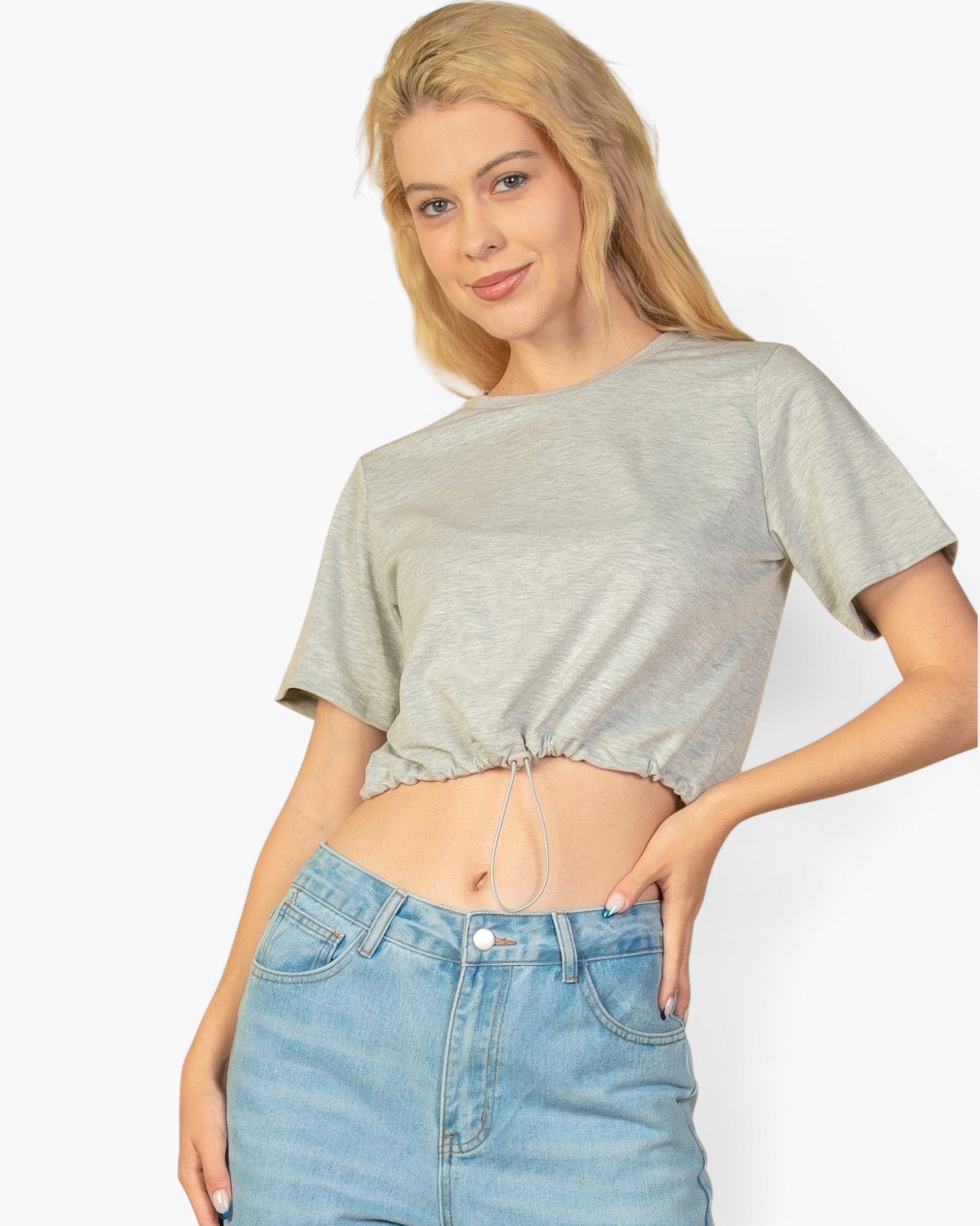 Beach Rose Co. heather grey French Terry crop top with an adjustable toggle drawstring hem worn by a blonde model.