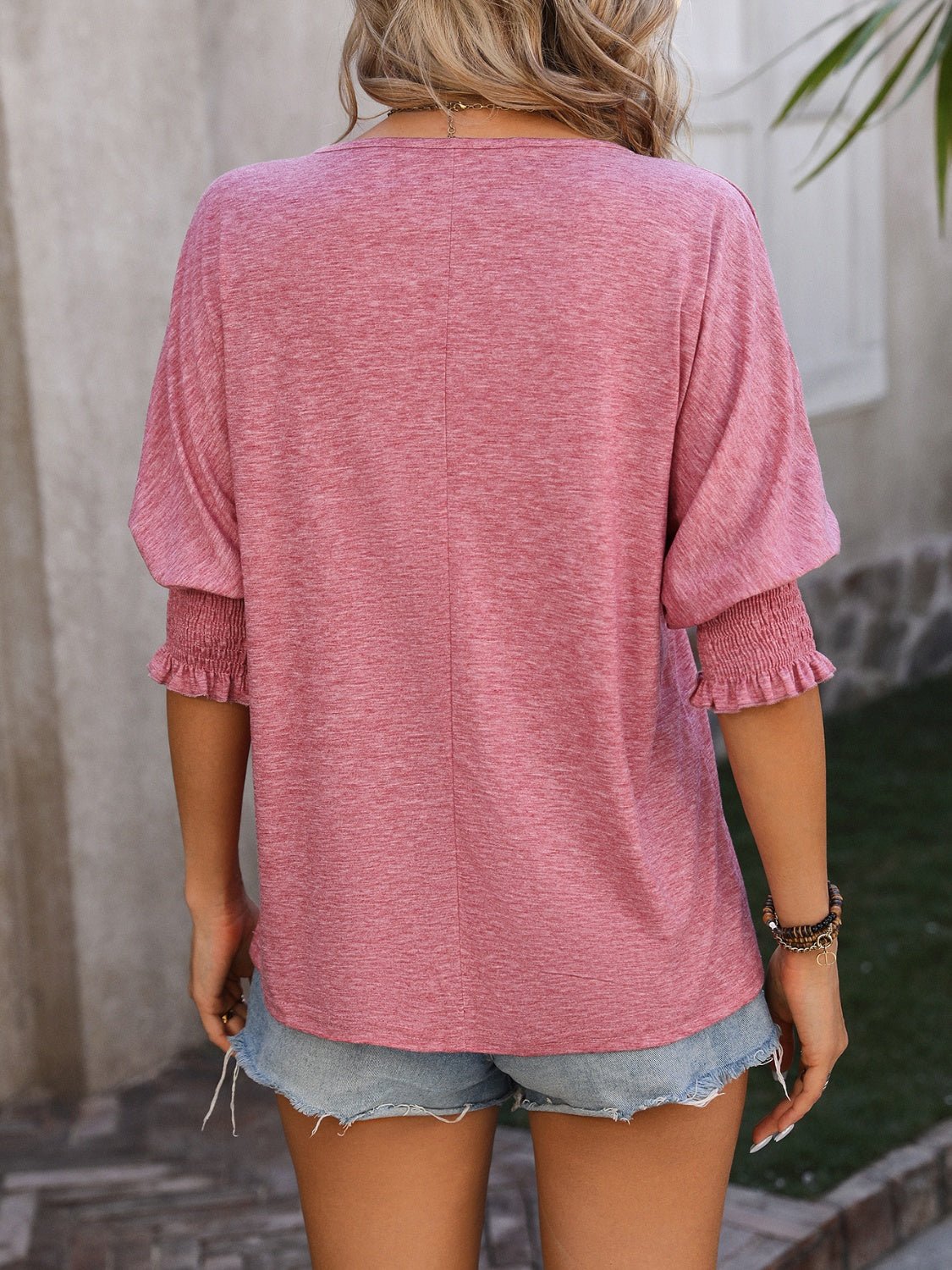 Beach Rose Co. - Heathered Split Neck Lantern Sleeve Blouse