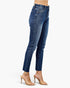 Beach Rose Co. high rise ankle skinny jeans in dark blue denim with an exposed button fly and raw hem