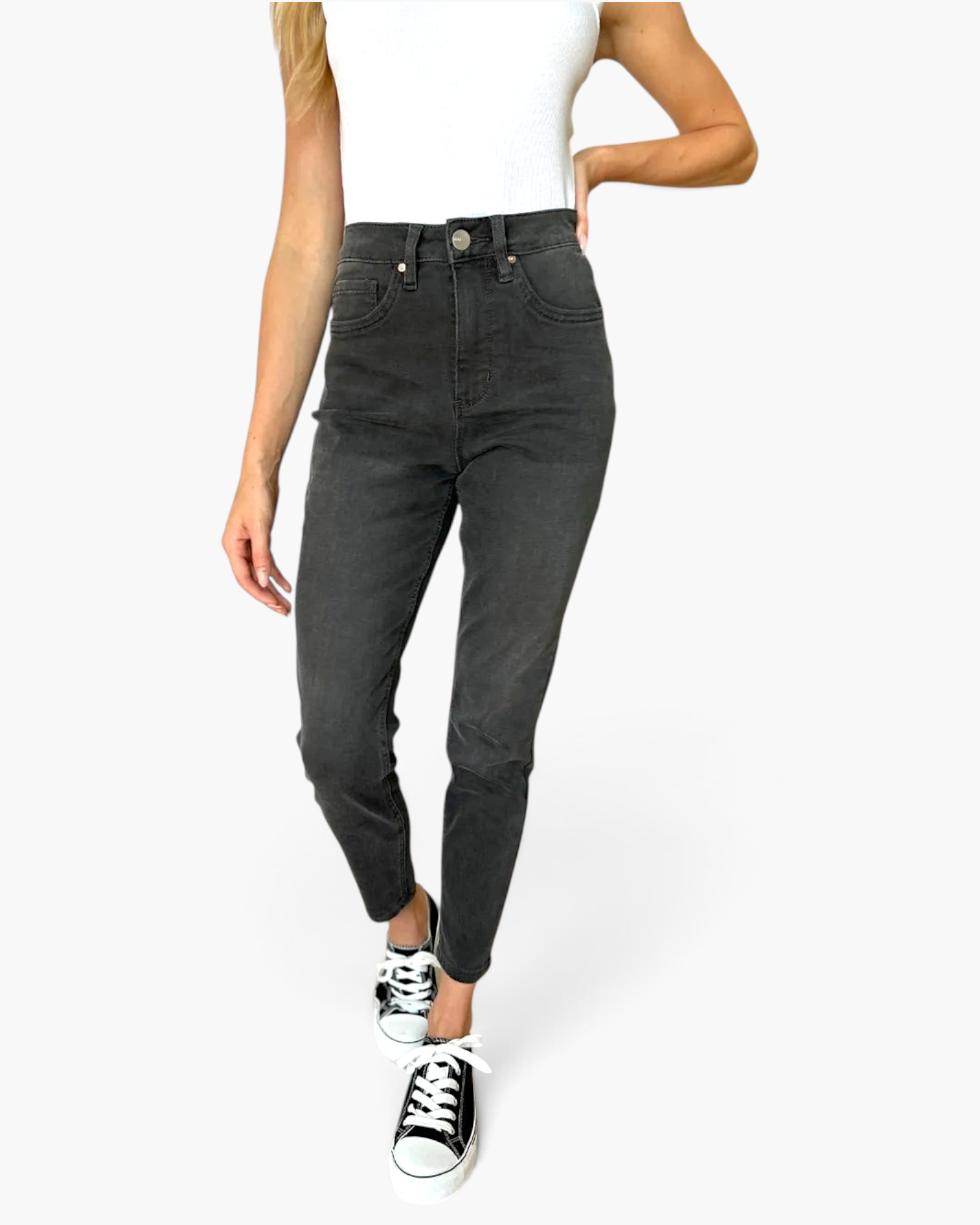 Beach Rose Co. high rise tummy control skinny jeans in washed black denim with a flattering tailored fit.