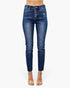 Beach Rose Co. high rise ankle skinny jeans in dark blue denim with an exposed button fly and distressed detail.