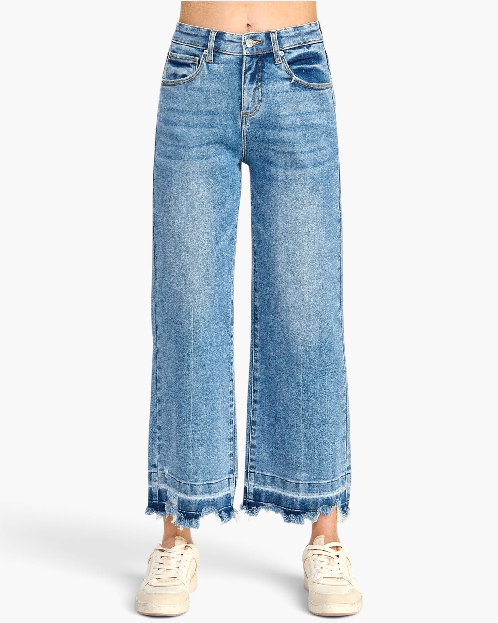 Beach Rose Co. high-rise wide-leg cropped jeans in light blue denim with a frayed released hem and tummy control.