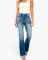 Beach Rose Co. medium wash high-rise flare jeans with two-tone indigo pointed seaming worn by a model.