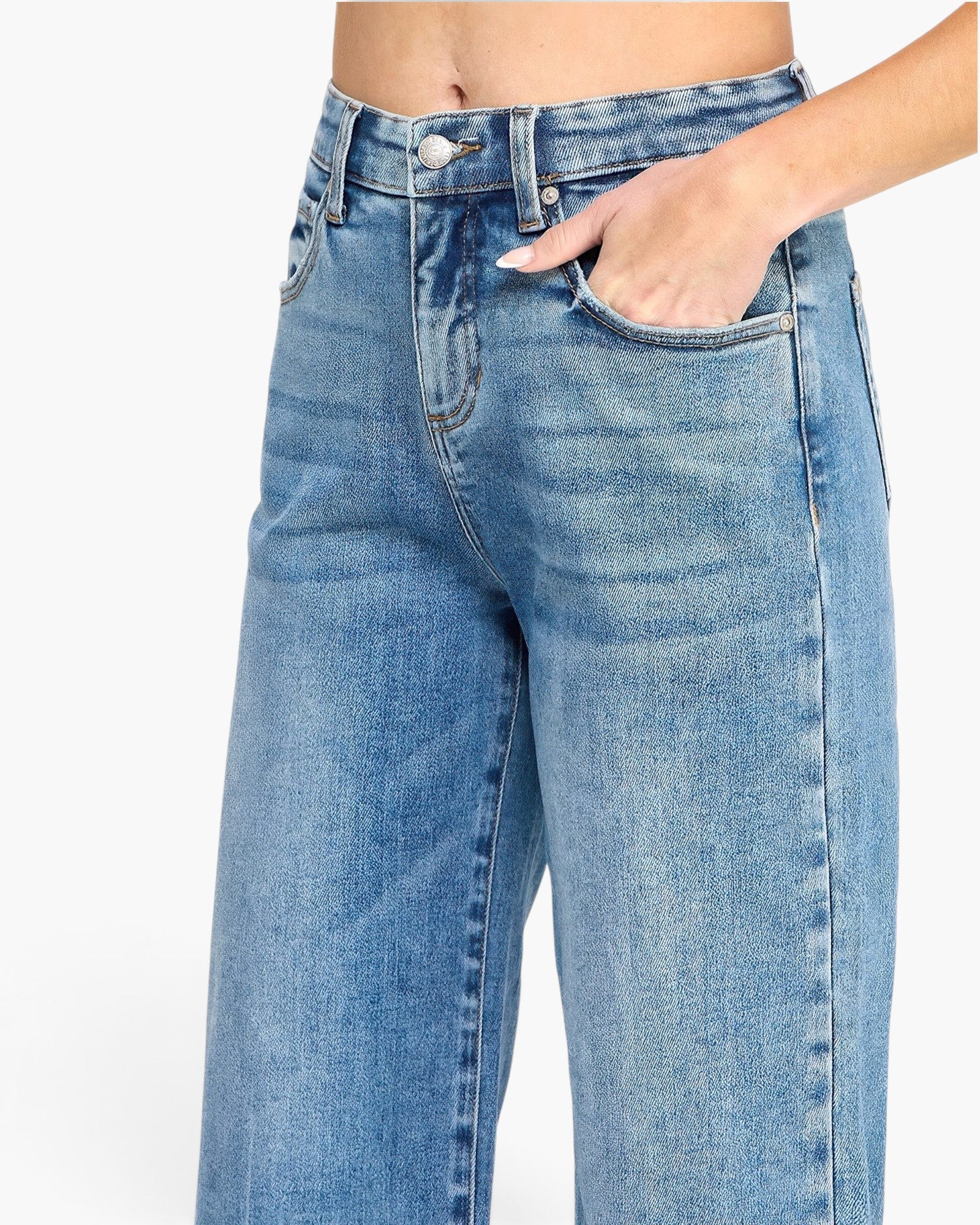 Beach Rose Co. high-rise wide-leg crop jeans in light blue denim with a tummy control waistband and five-pocket design.