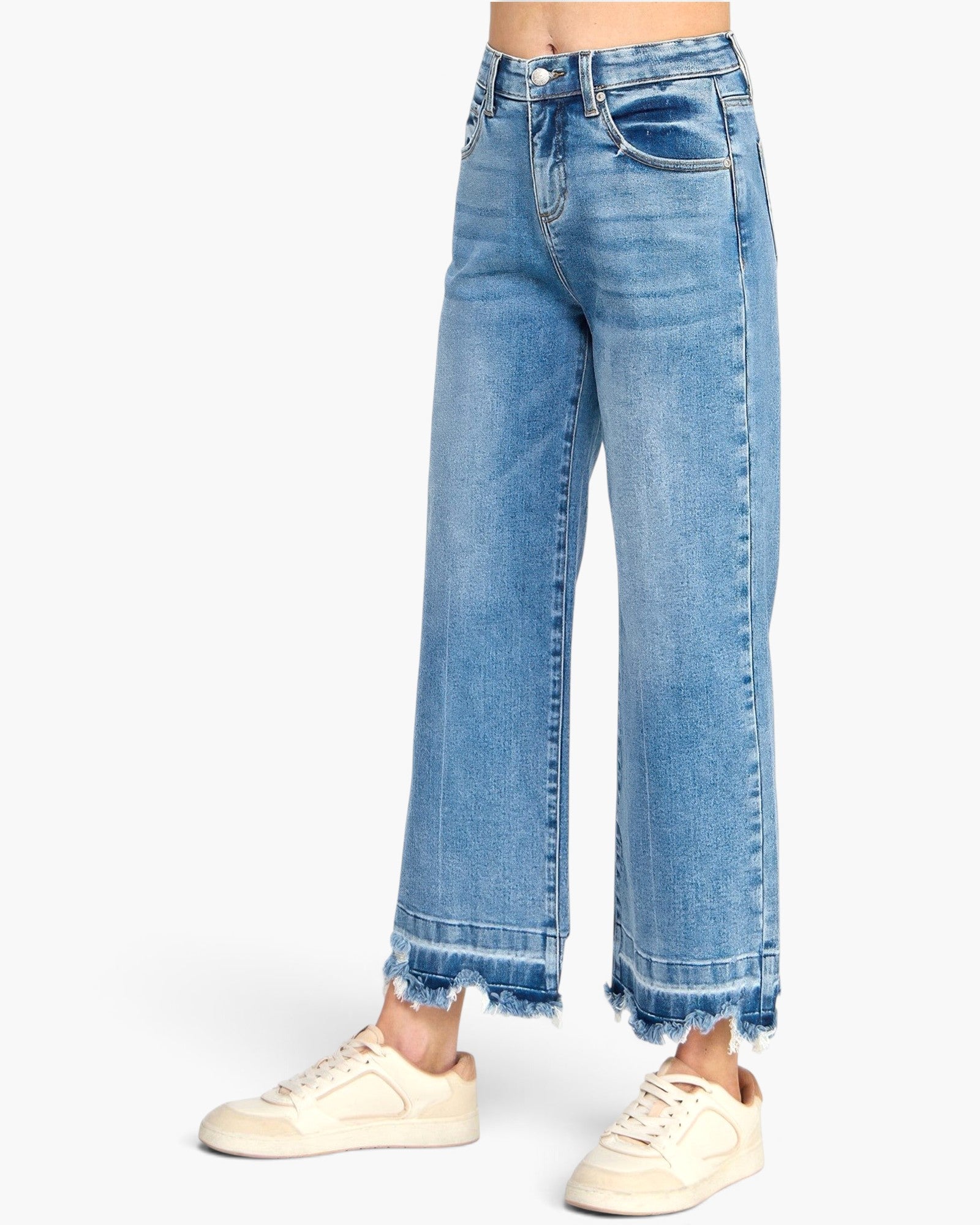 Beach Rose Co. high-rise wide-leg cropped jeans in medium wash denim with a frayed released hem and tummy control.