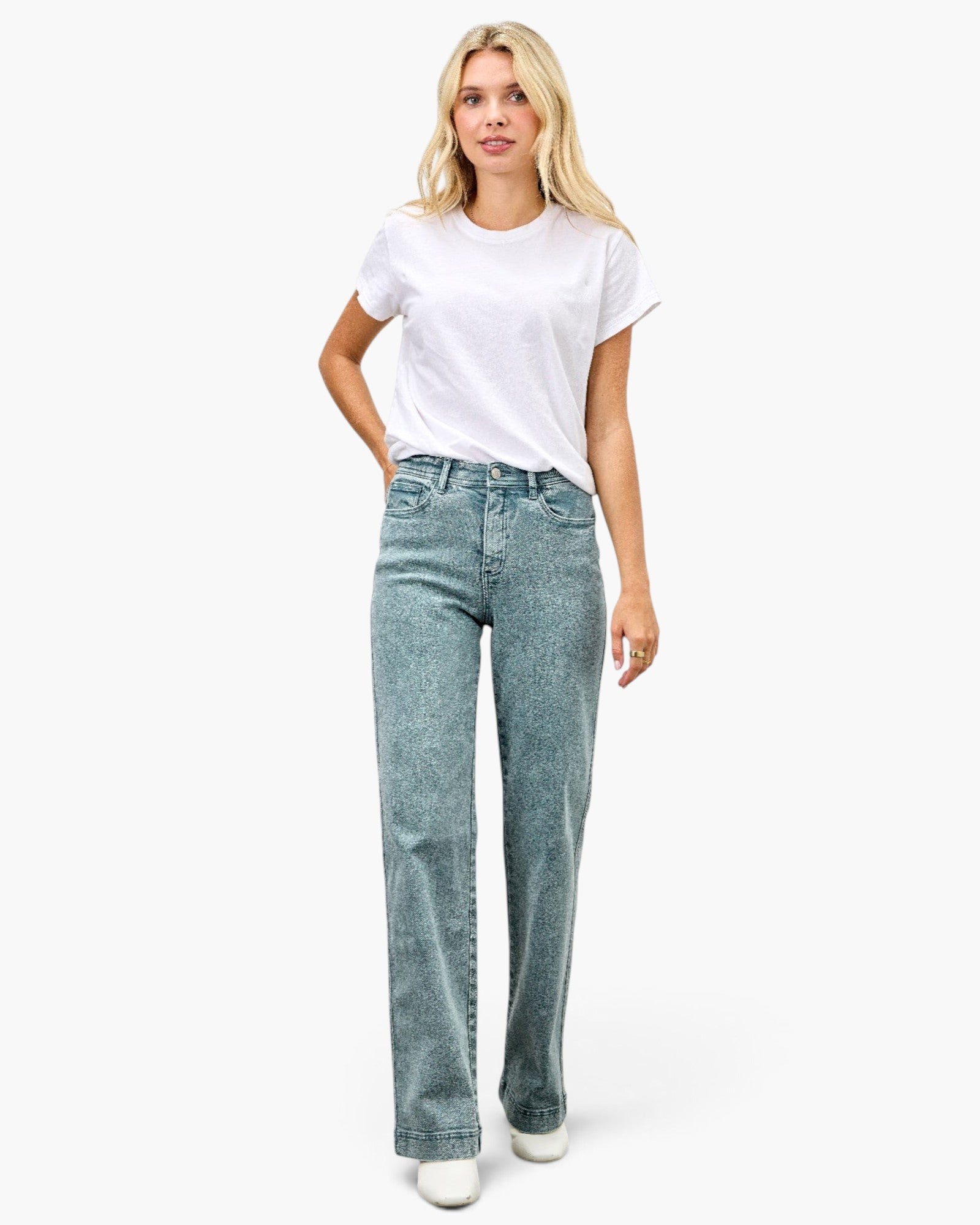 Beach Rose Co. high-rise slim wide straight jeans in acid wash denim worn by a blonde model with a white t-shirt.