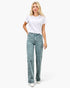 Beach Rose Co. high-rise slim wide straight jeans in acid wash denim worn by a blonde model with a white t-shirt.