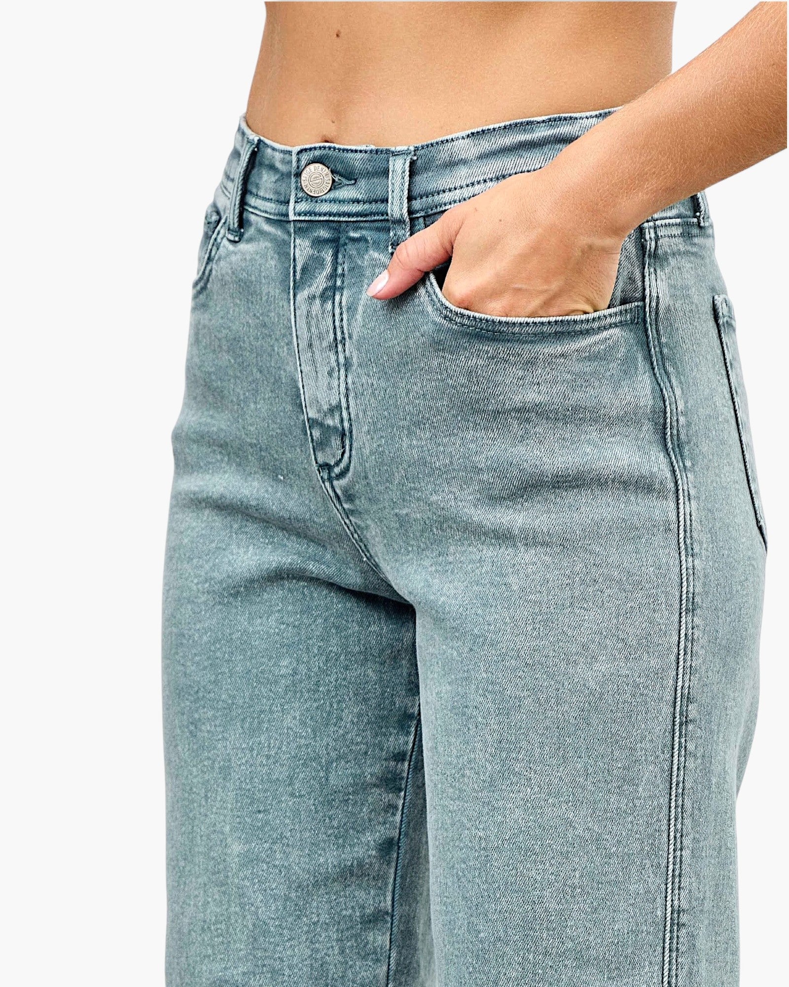 Beach Rose Co. high rise slim wide straight jeans in light wash stretch denim with classic five-pocket styling